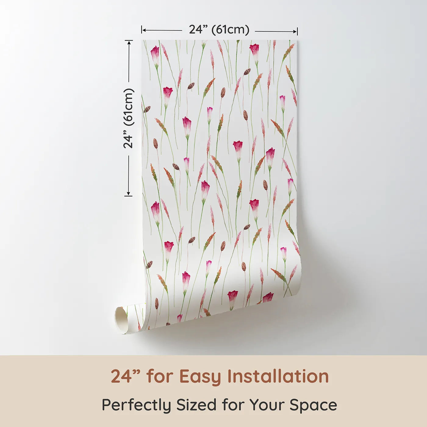 Dimension view of Whimsy Tots Watercolor Wild Grasses Wallpaper (W2119). Printed in 24-inch-wide panel for easy installation. Where delicate grasses and flowers sway in an imaginary breeze.