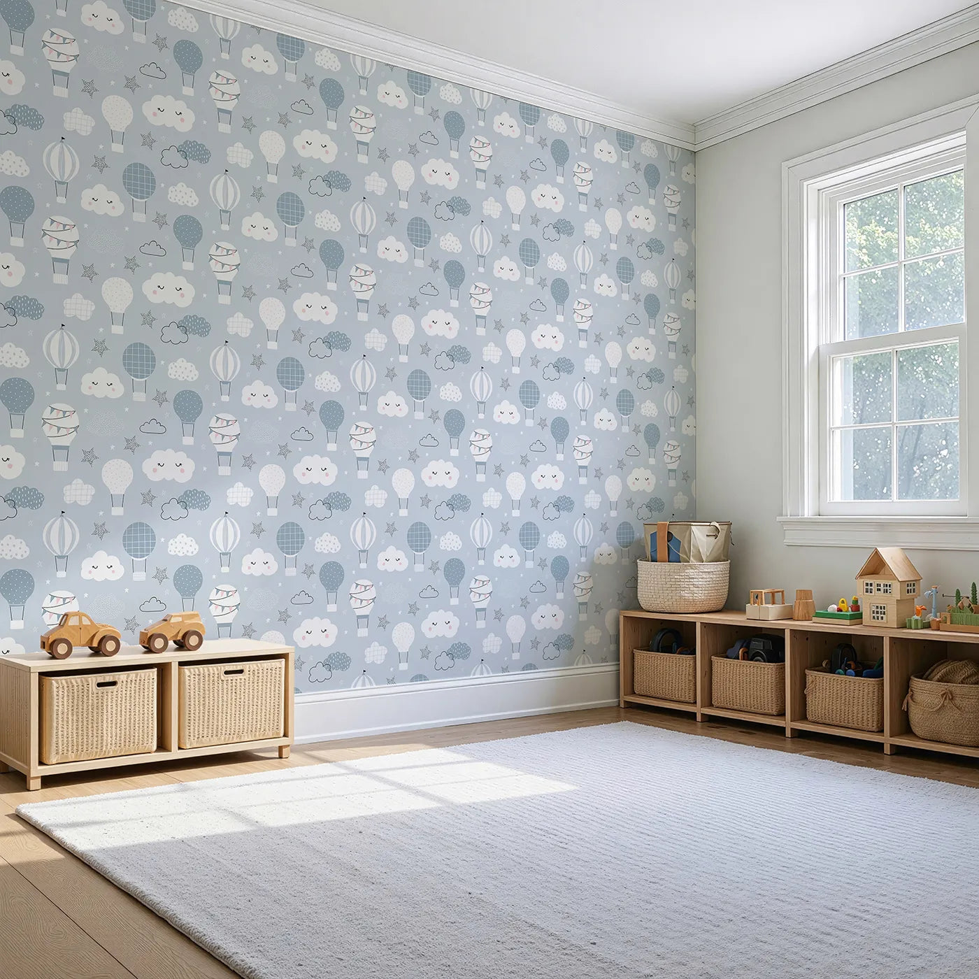 Angled view of Whimsy Tots' Dreamy Hot Air Balloon Sky Wallpaper (W2120).Where sleepy clouds and happy balloons float in a peaceful sky.