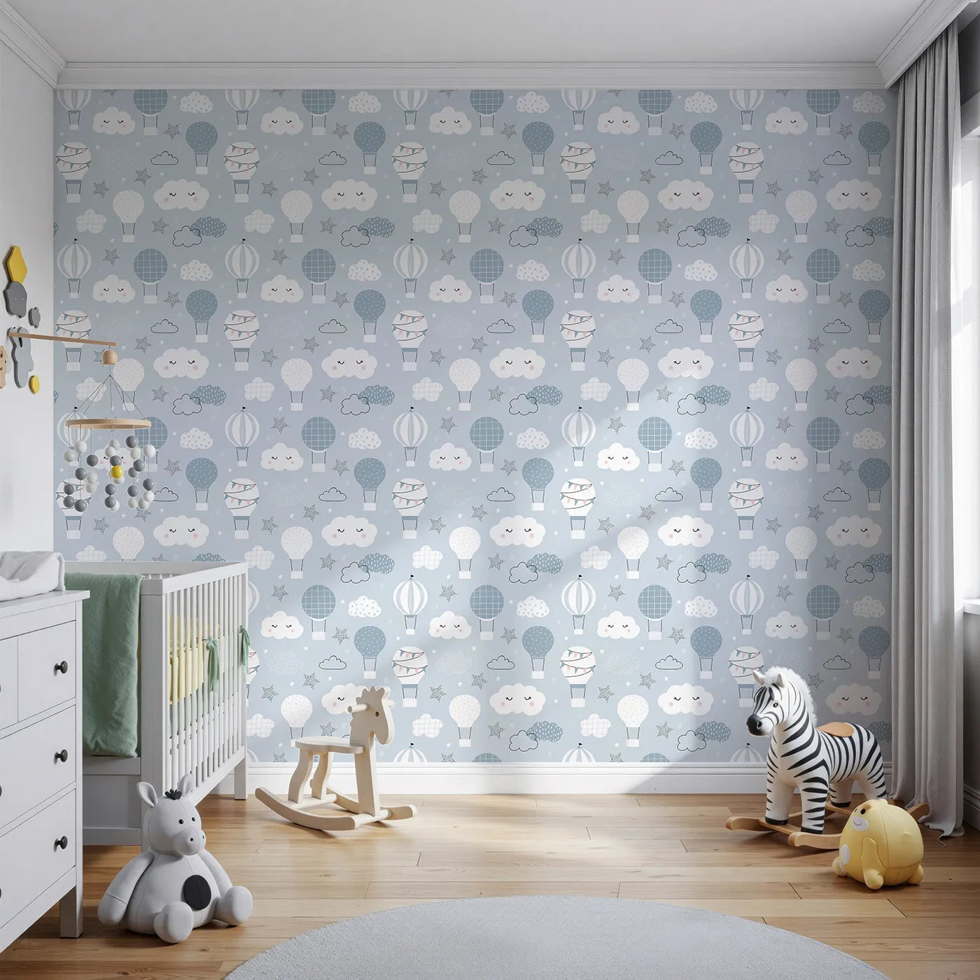 Front view of Whimsy Tots' Dreamy Hot Air Balloon Sky Wallpaper
