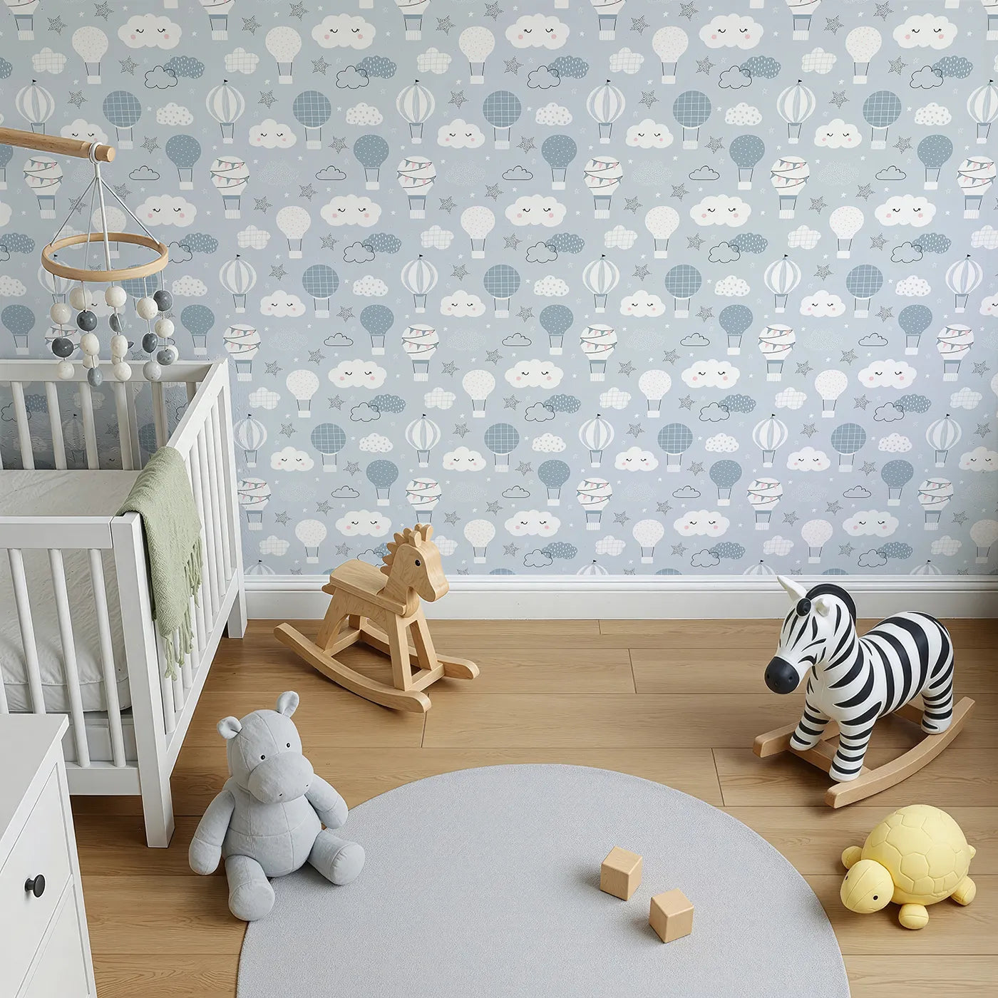 Top-Down view of Whimsy Tots' Dreamy Hot Air Balloon Sky Wallpaper (W2120).Where sleepy clouds and happy balloons float in a peaceful sky.