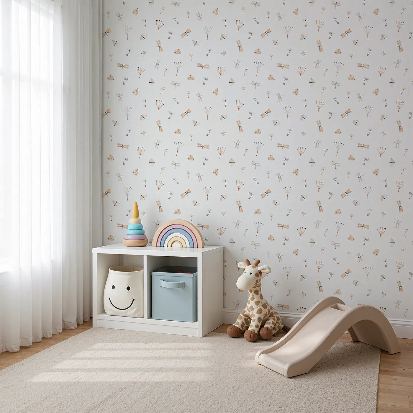 Angled view of Whimsy Tots' Watercolor Dragonfly Garden Wallpaper (W2121).Where delicate dragonflies and dandelion wishes float on the air.