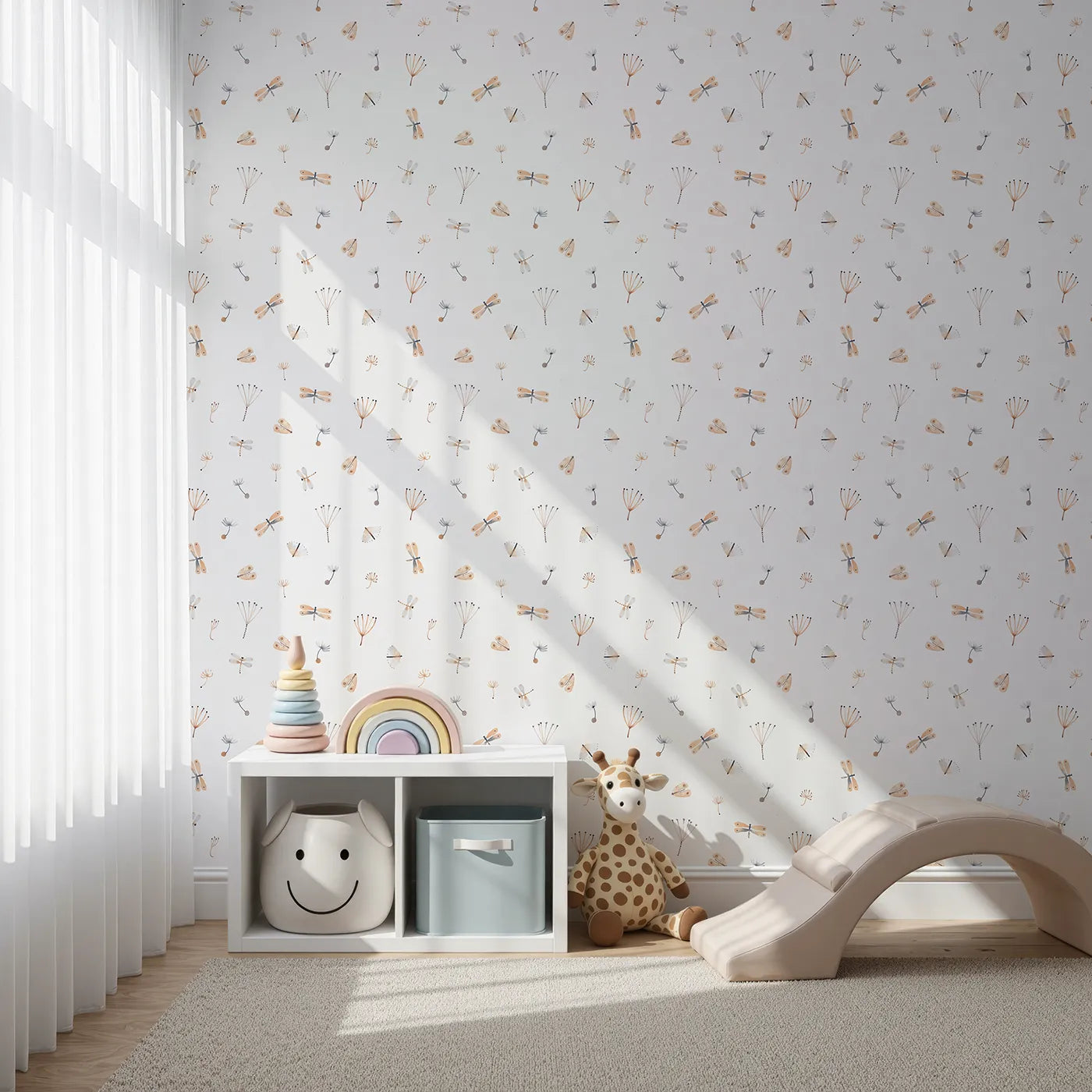 Front view of Whimsy Tots' Watercolor Dragonfly Garden Wallpaper