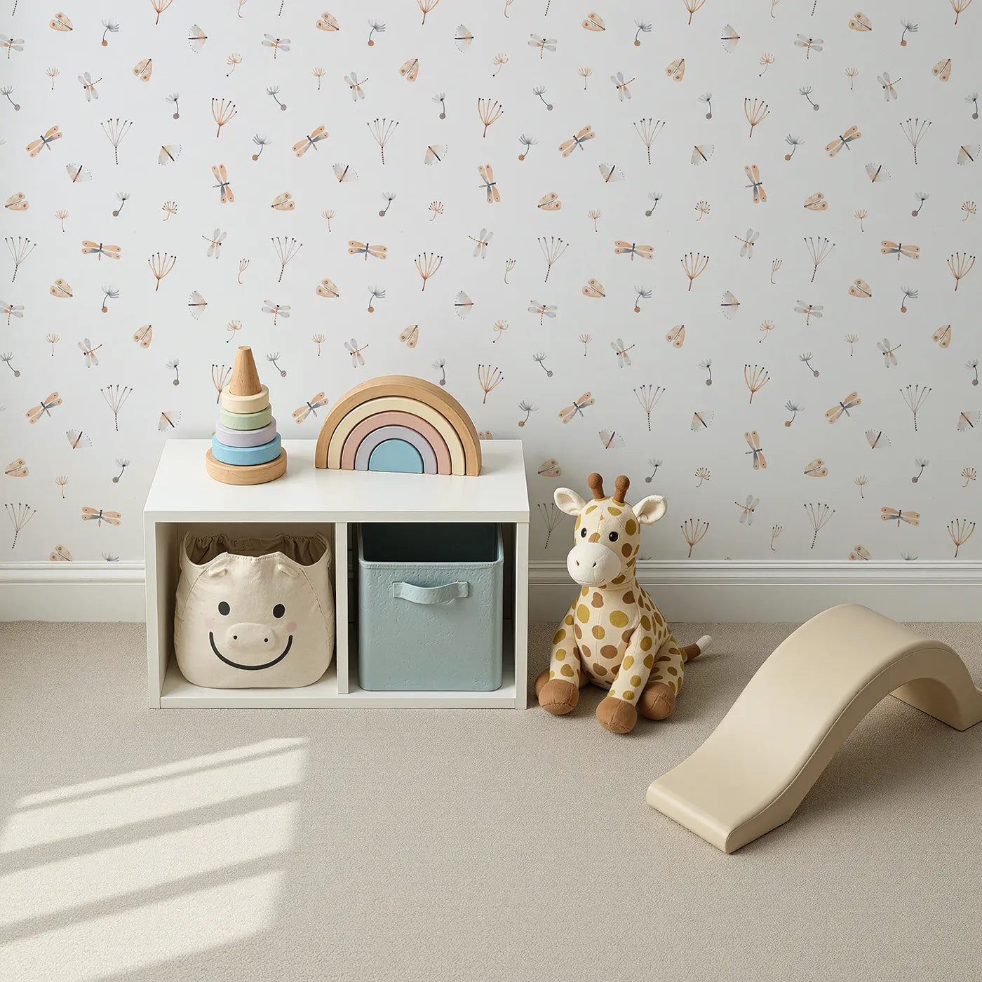Top-Down view of Whimsy Tots' Watercolor Dragonfly Garden Wallpaper (W2121).Where delicate dragonflies and dandelion wishes float on the air.
