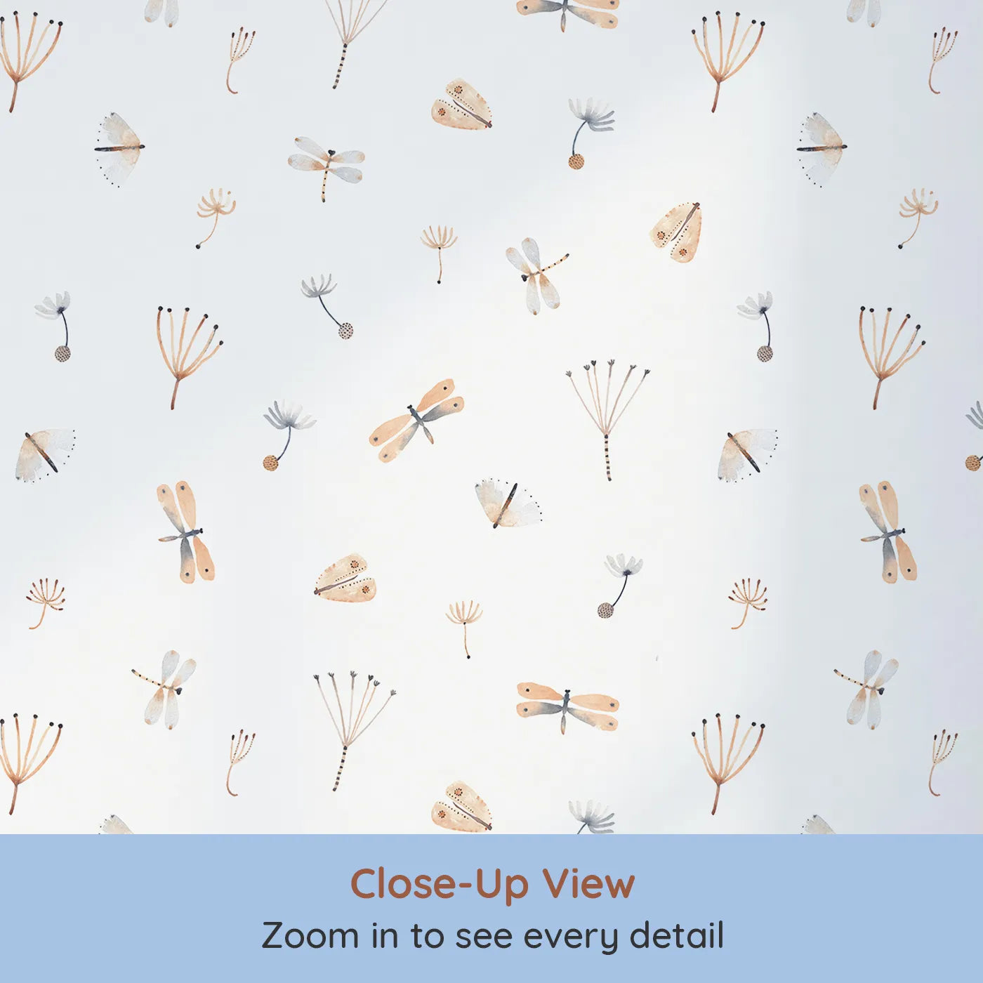 Close-up view of Whimsy Tots' Watercolor Dragonfly Garden Wallpaper (W2121).Where delicate dragonflies and dandelion wishes float on the air.