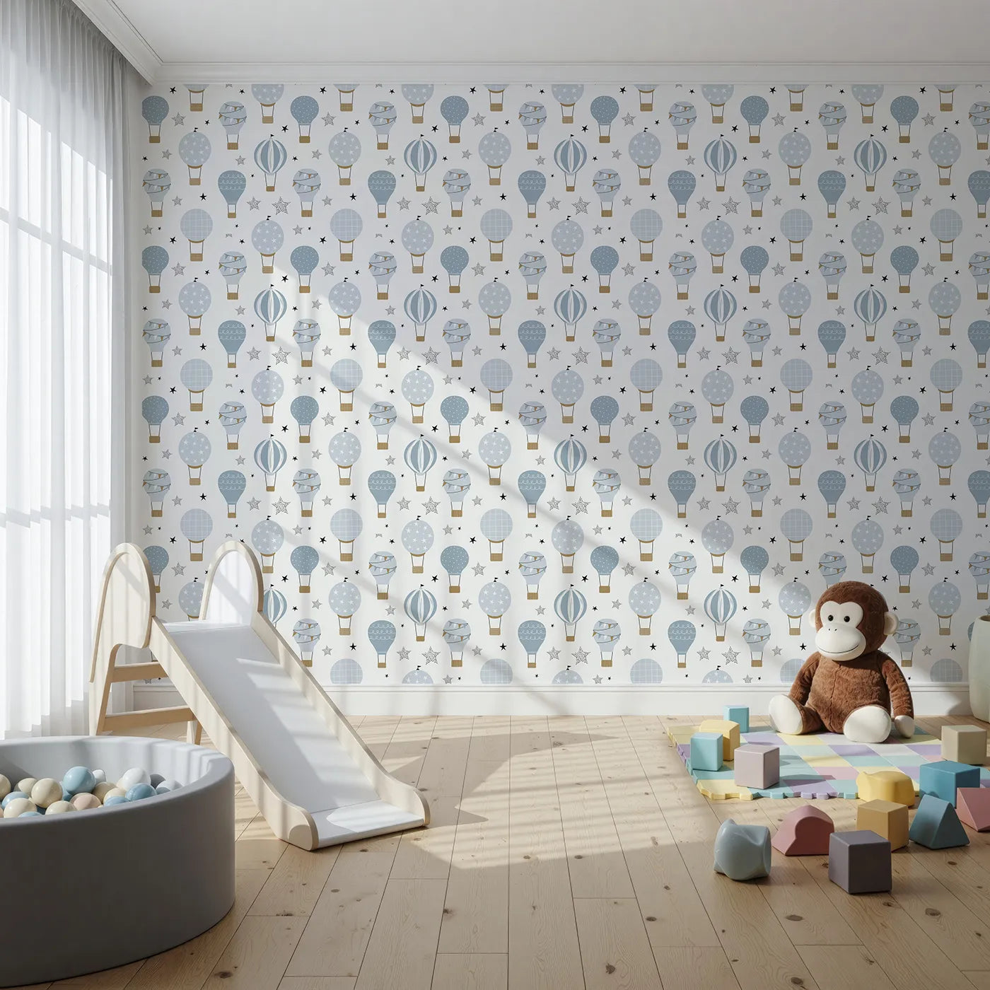 Front view of Whimsy Tots' Blue Hot Air Balloon Festival Wallpaper