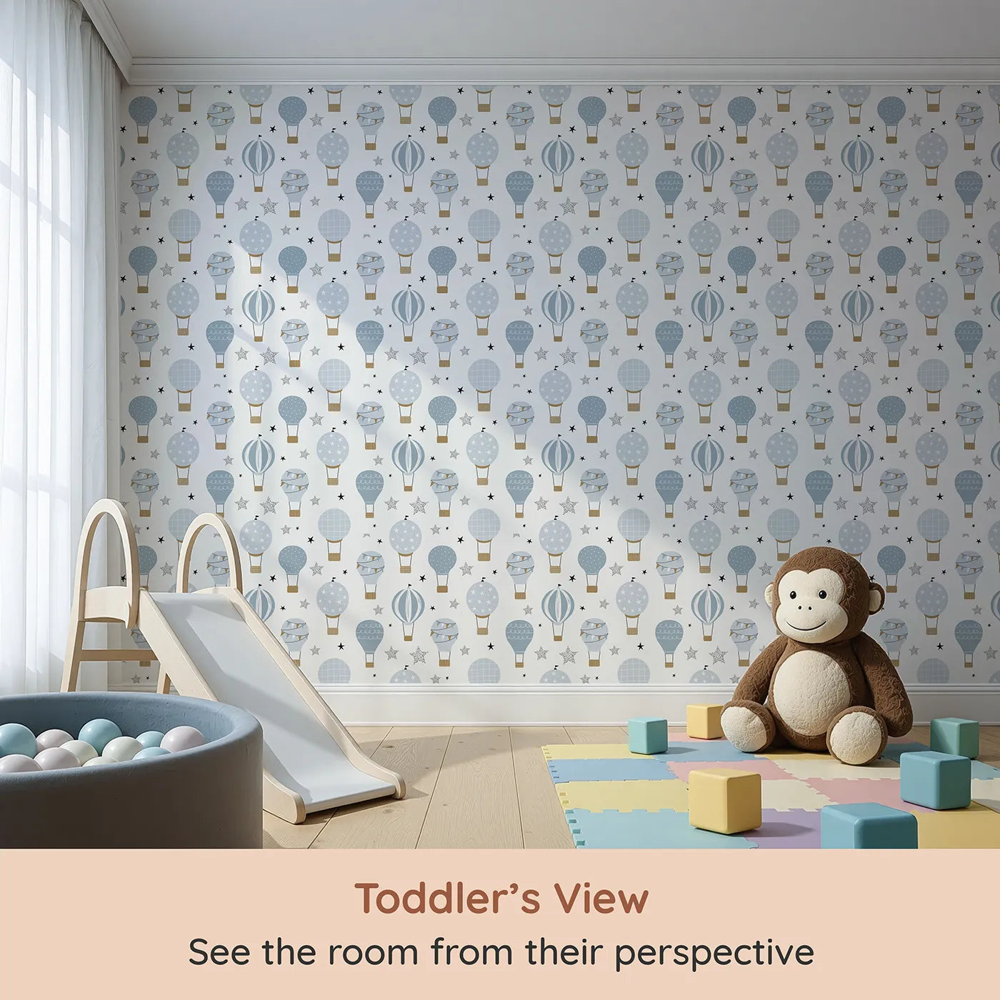 Whimsy Tots Blue Hot Air Balloon Festival Wallpaper (W2122) from your child's view.Where a festival of balloons is always ready for takeoff.