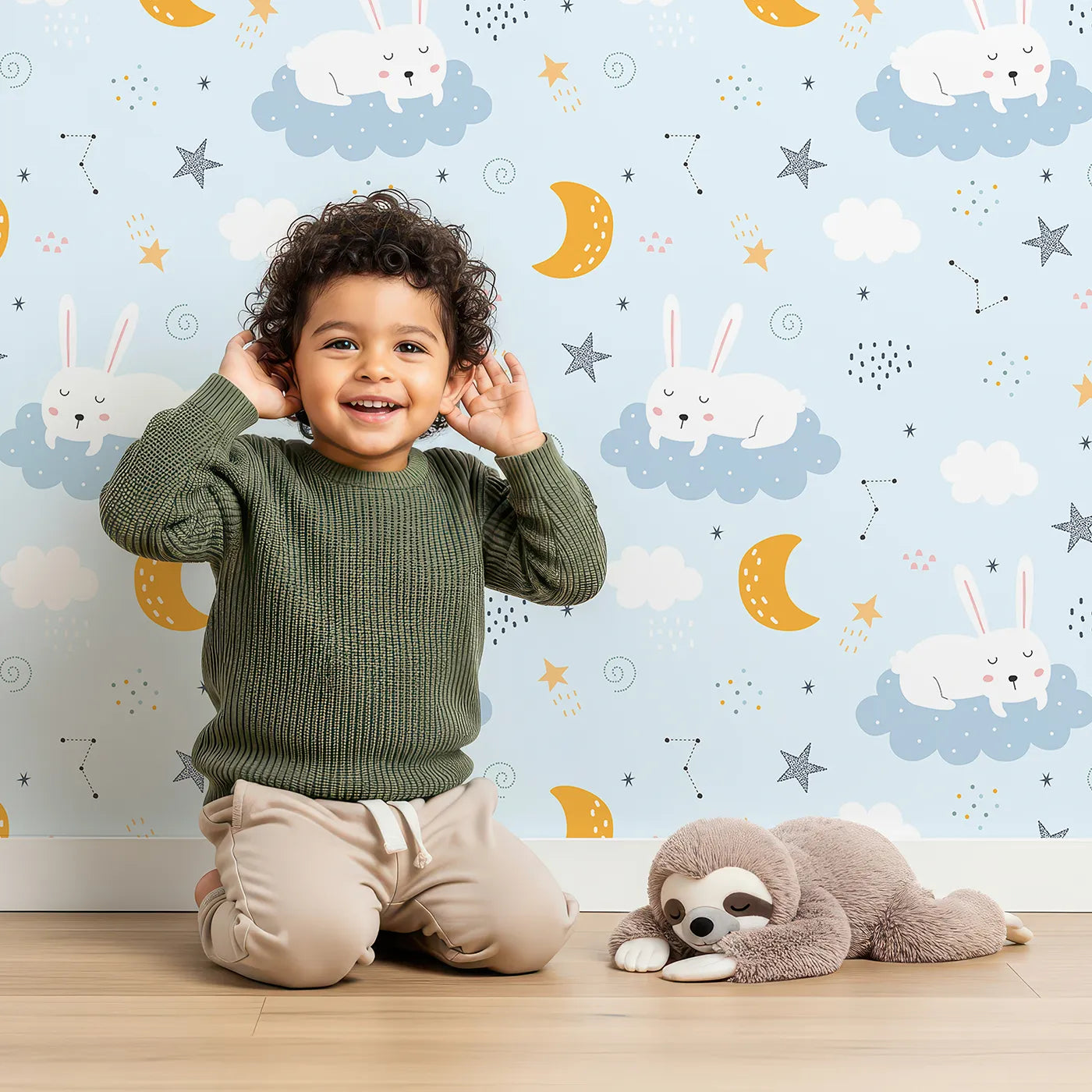 Lovely child standing in front of Whimsy Tots Sleepy Bunny Starry Sky Wallpaper with bunny, rabbit, cloud, star, moon in design.