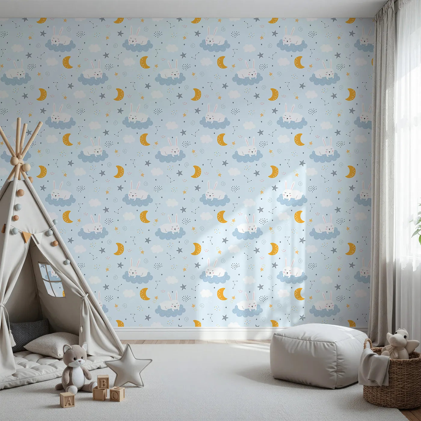Front view of Whimsy Tots' Sleepy Bunny Starry Sky Wallpaper