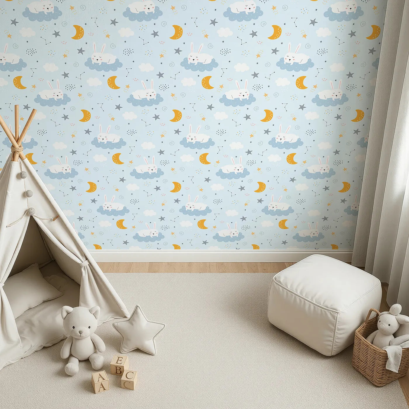 Top-Down view of Whimsy Tots' Sleepy Bunny Starry Sky Wallpaper (W2123).Where sleepy bunnies nap on clouds under a starry sky.