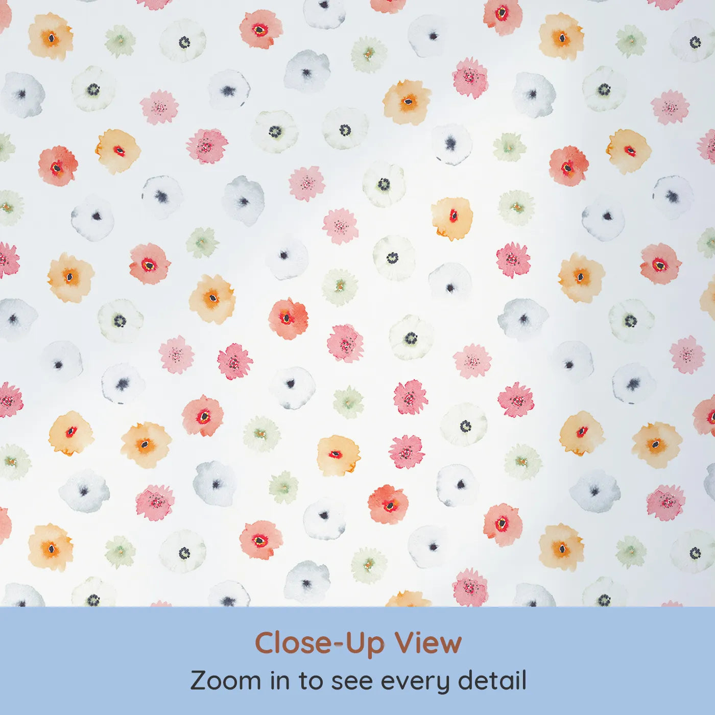 Close-up view of Whimsy Tots' Watercolor Poppy Scatter Wallpaper (W2124).Where soft, colorful poppies bloom like gentle confetti.