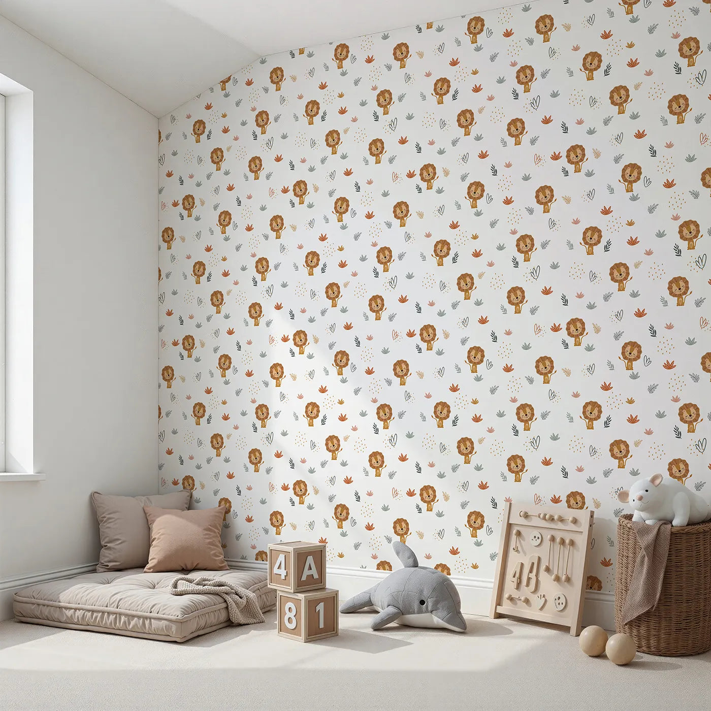 Angled view of Whimsy Tots' Boho Lion and Leaves Wallpaper (W2125).Where the kindest lions rest among soft, bohemian leaves.
