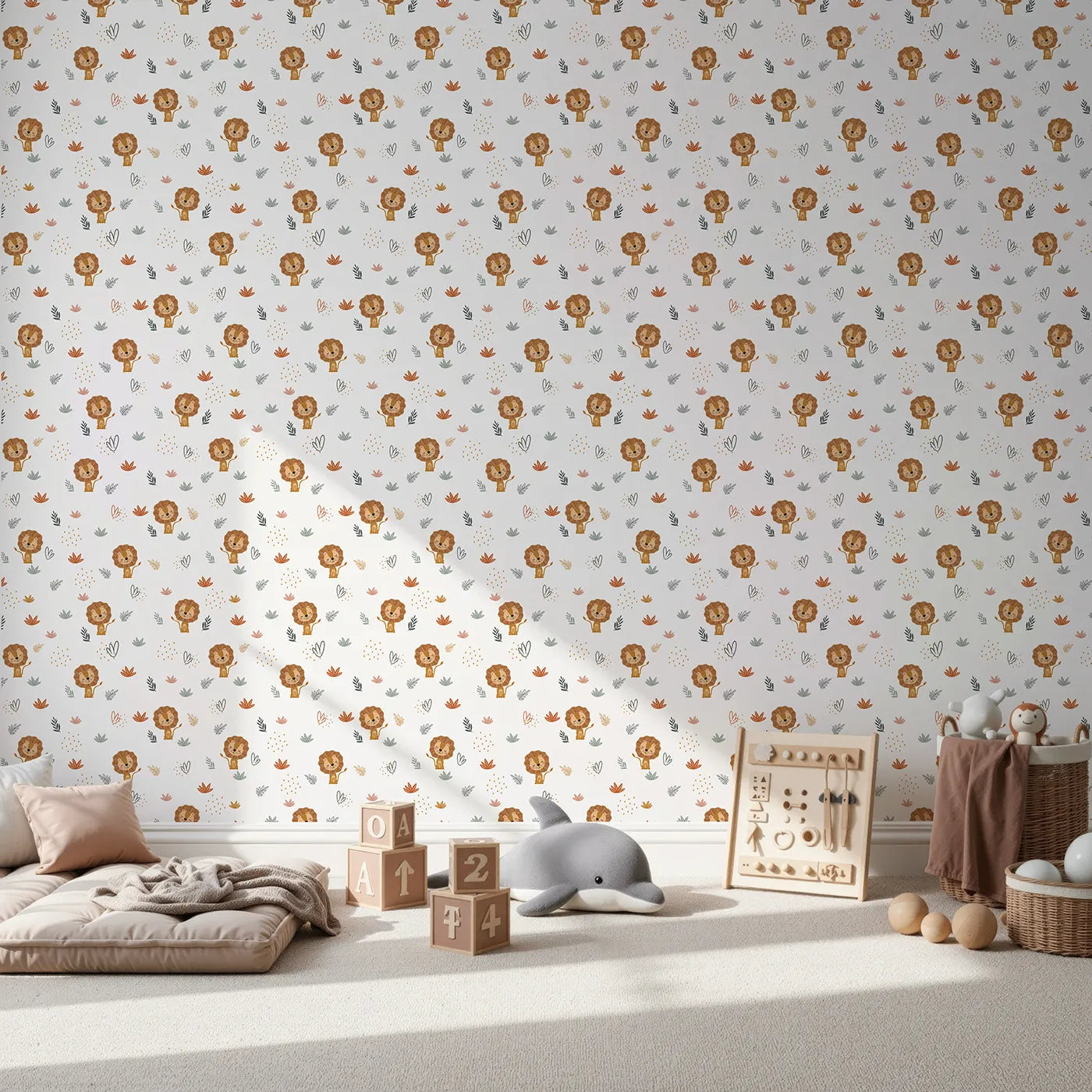 Front view of Whimsy Tots' Boho Lion and Leaves Wallpaper
