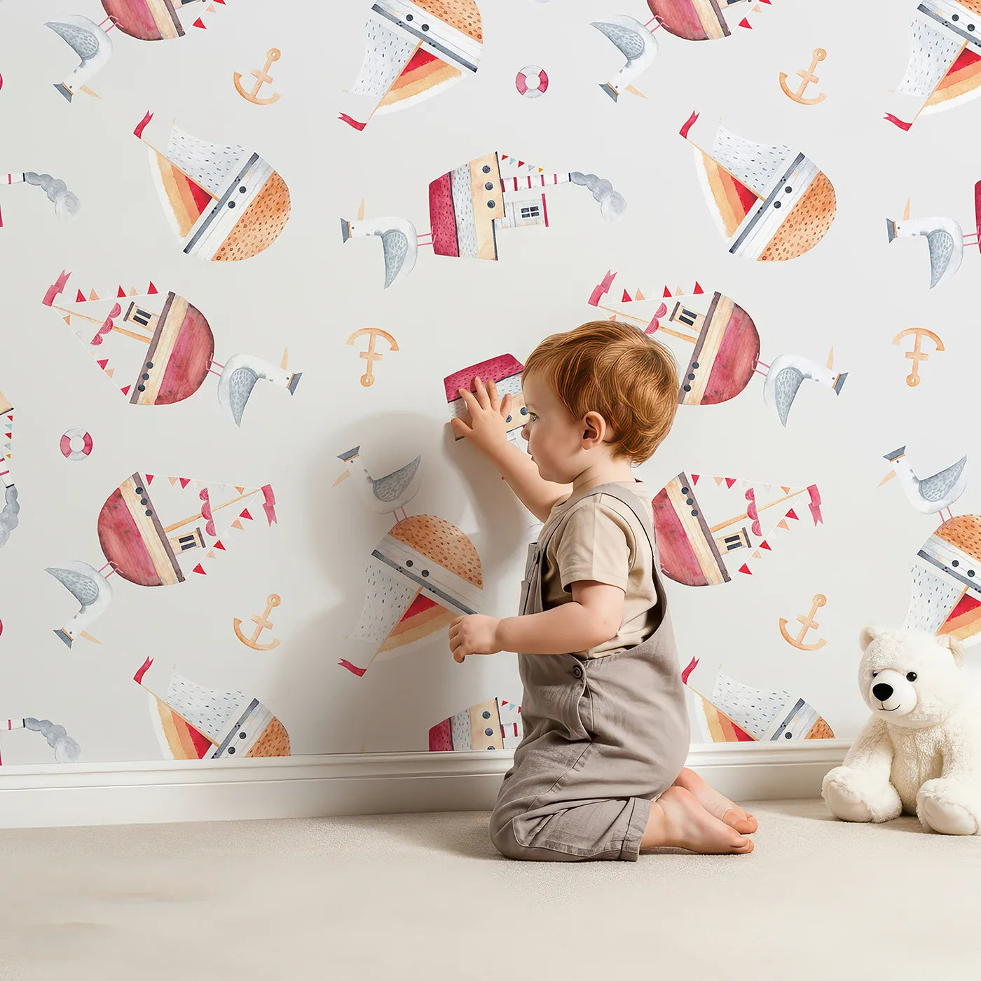 Lovely child standing in front of Whimsy Tots Whimsical Lighthouse Seagull Wallpaper with lighthouse, seagull, boat, sea, watercolor in design.
