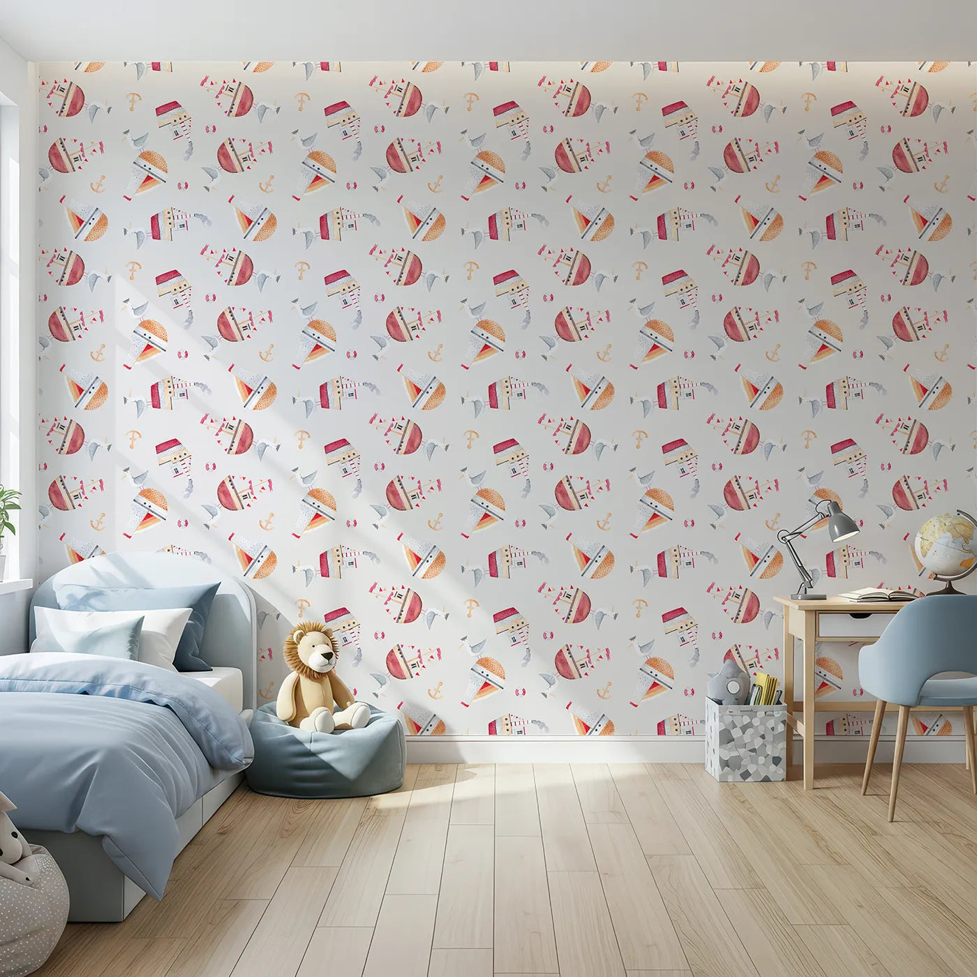 Front view of Whimsy Tots' Whimsical Lighthouse Seagull Wallpaper