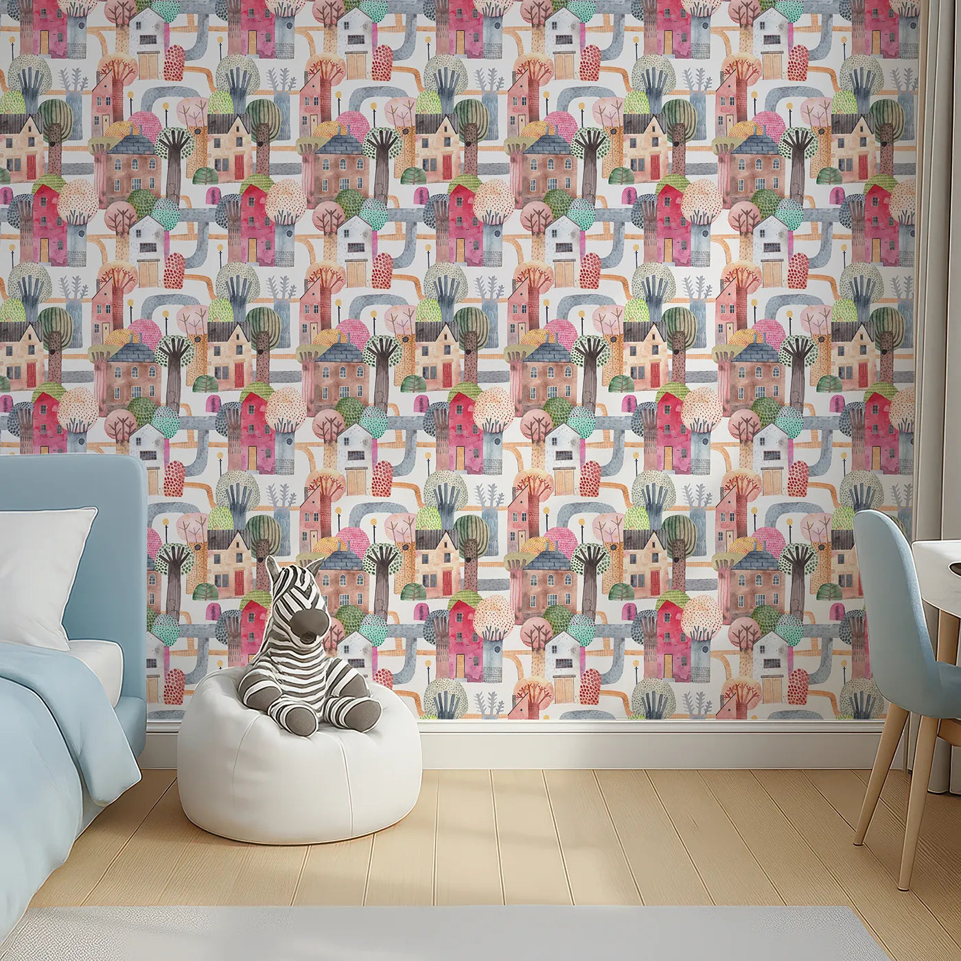 Top-Down view of Whimsy Tots' Watercolor Storybook Village Wallpaper (W2128).Where every colorful house has a story to tell.