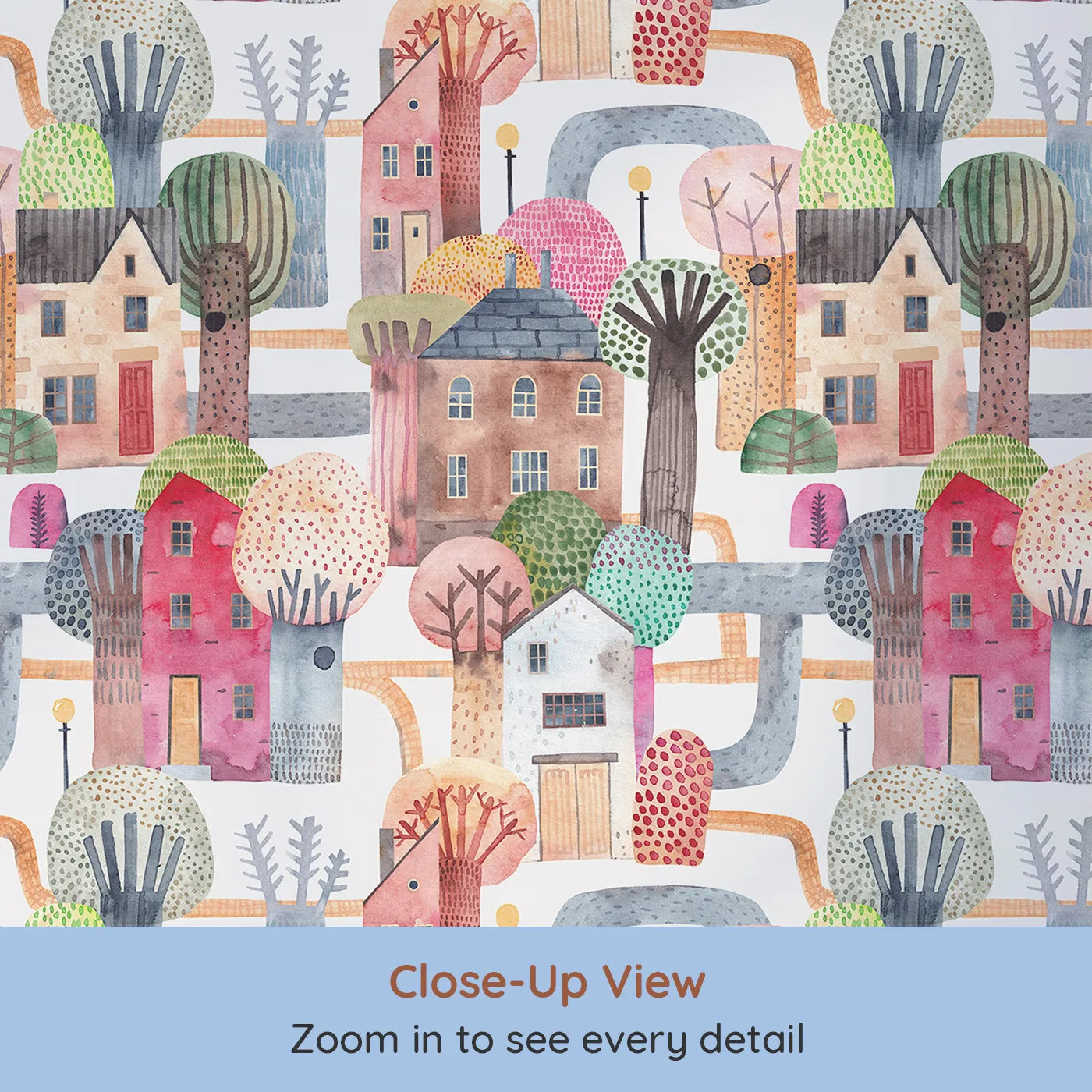 Close-up view of Whimsy Tots' Watercolor Storybook Village Wallpaper (W2128).Where every colorful house has a story to tell.