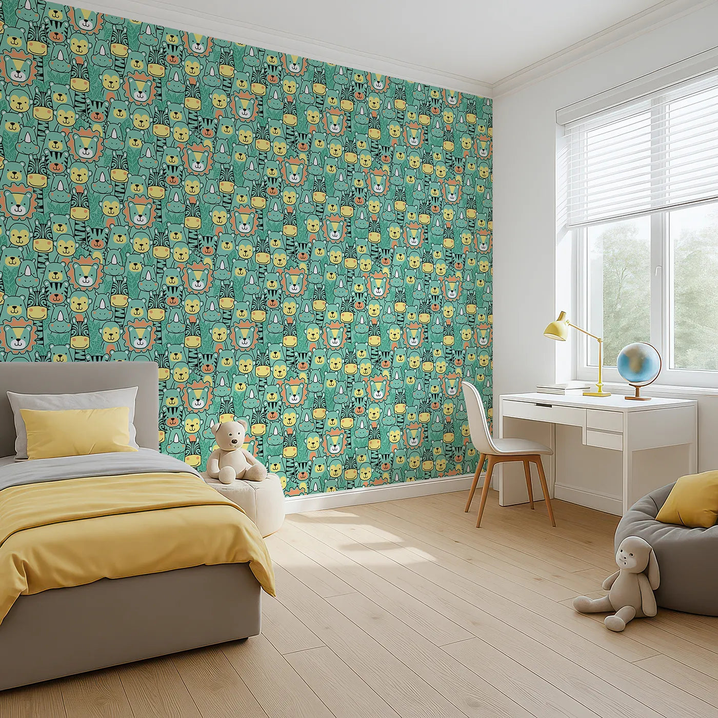 Angled view of Whimsy Tots' Jungle Friends Portrait Wallpaper (W2129).Where a crowd of friendly animal faces are smiling just for you.