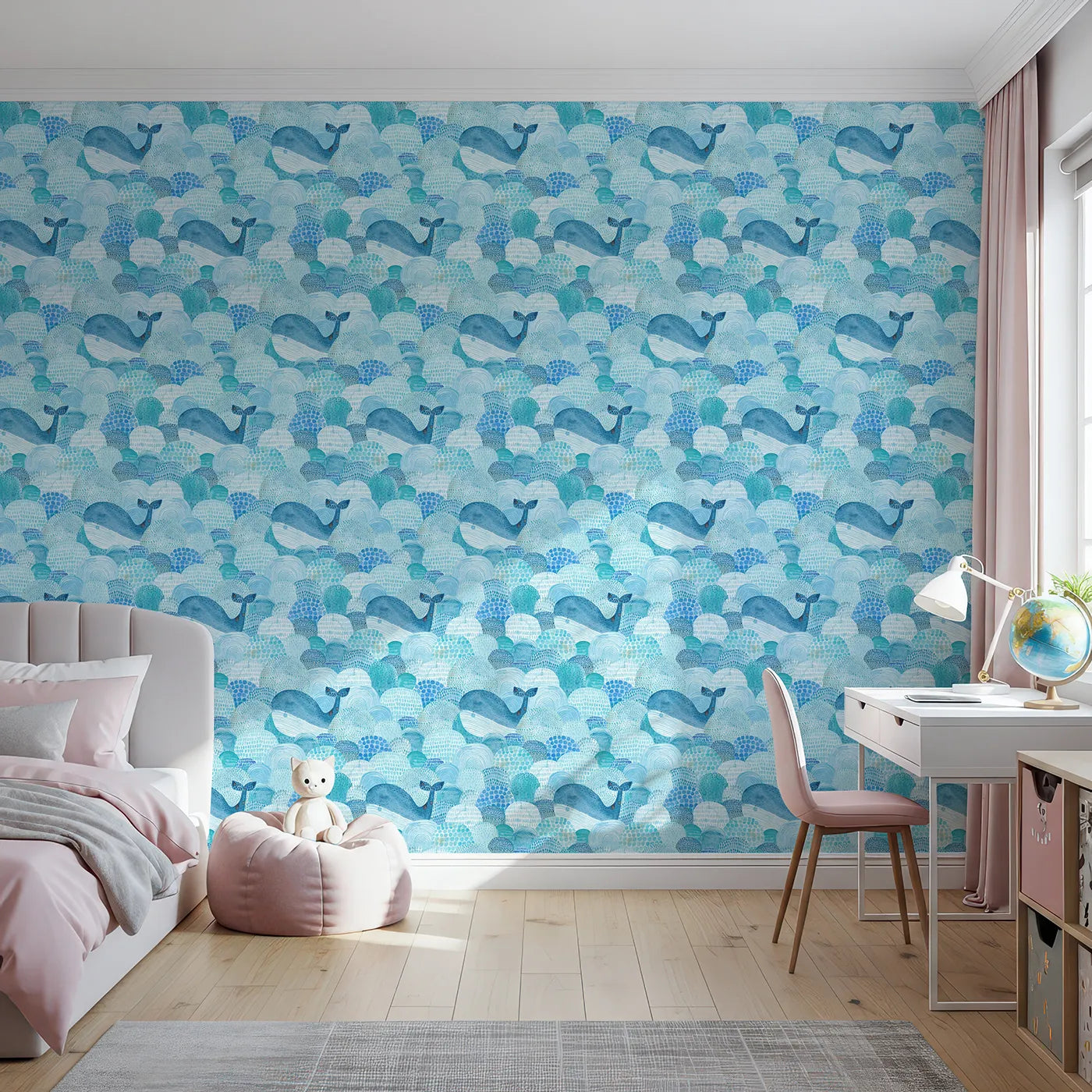 Front view of Whimsy Tots' Abstract Watercolor Whales Wallpaper