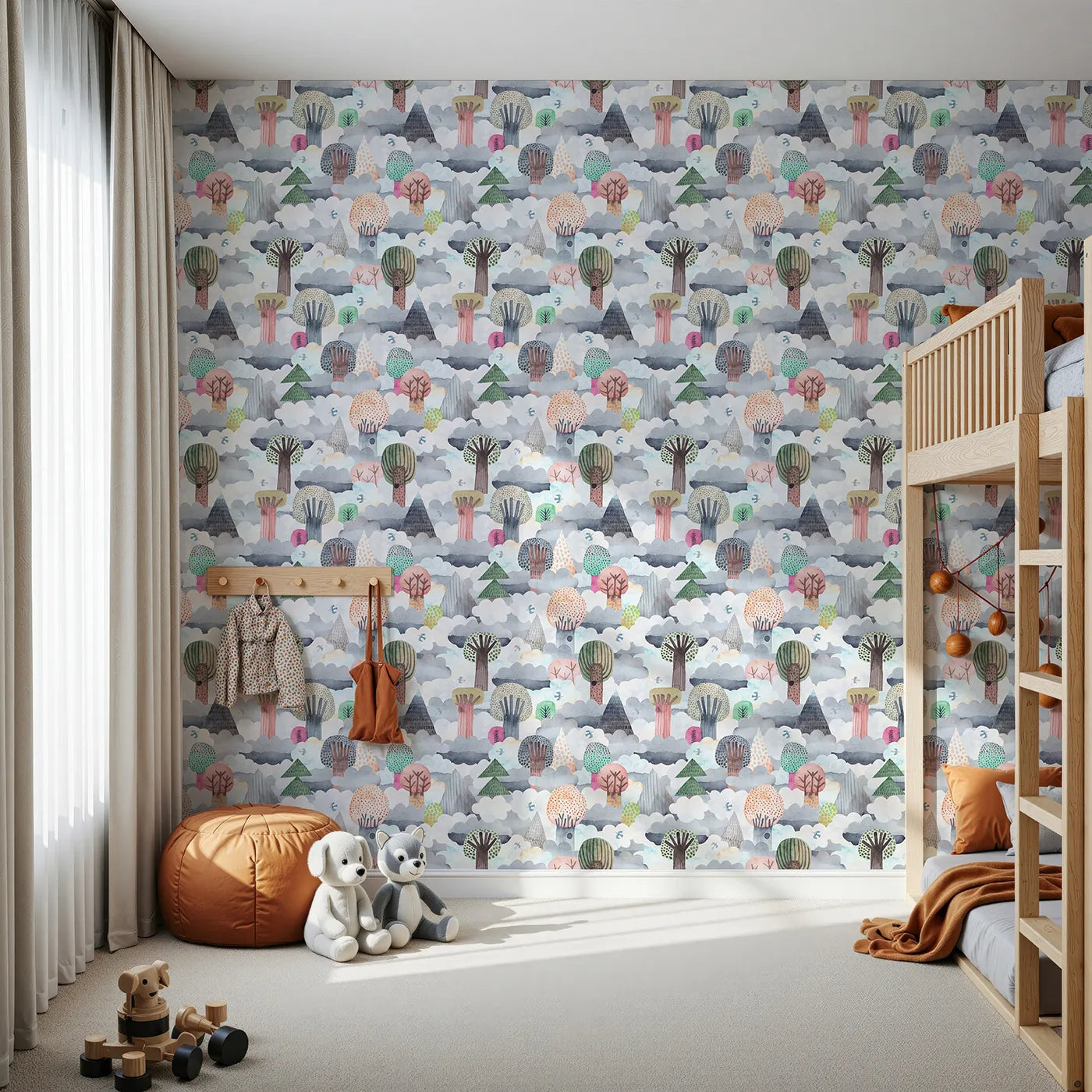 Front view of Whimsy Tots' Cloudy Forest Dreamscape Wallpaper