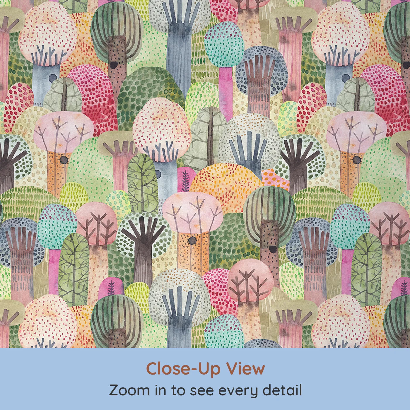 Close-up view of Whimsy Tots' Vibrant Watercolor Forest Wallpaper (W2133).Where a dense, painted forest is bursting with life.