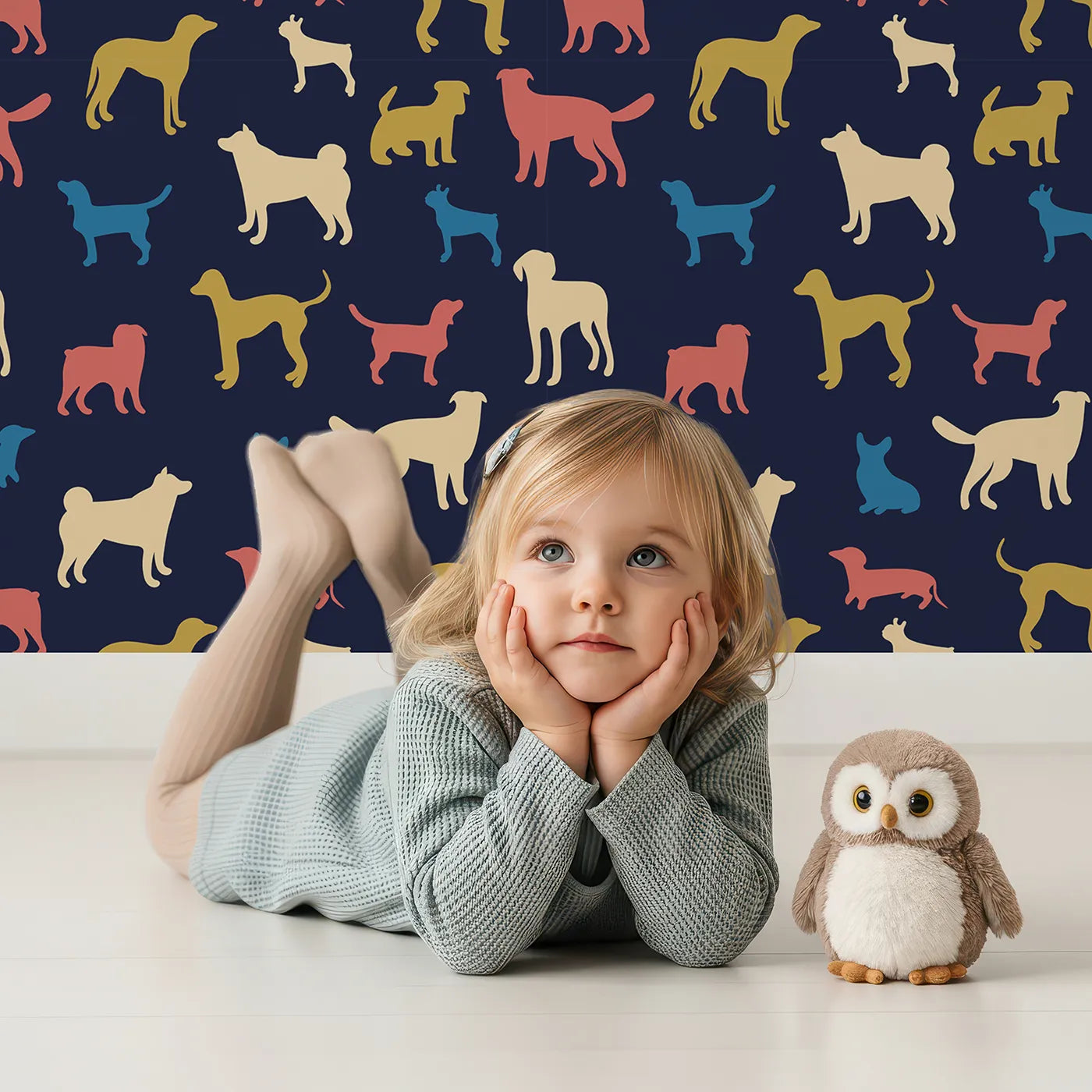Lovely child standing in front of Whimsy Tots Colorful Dog Silhouette Wallpaper with dog, puppy, silhouette, modern, colorful in design.