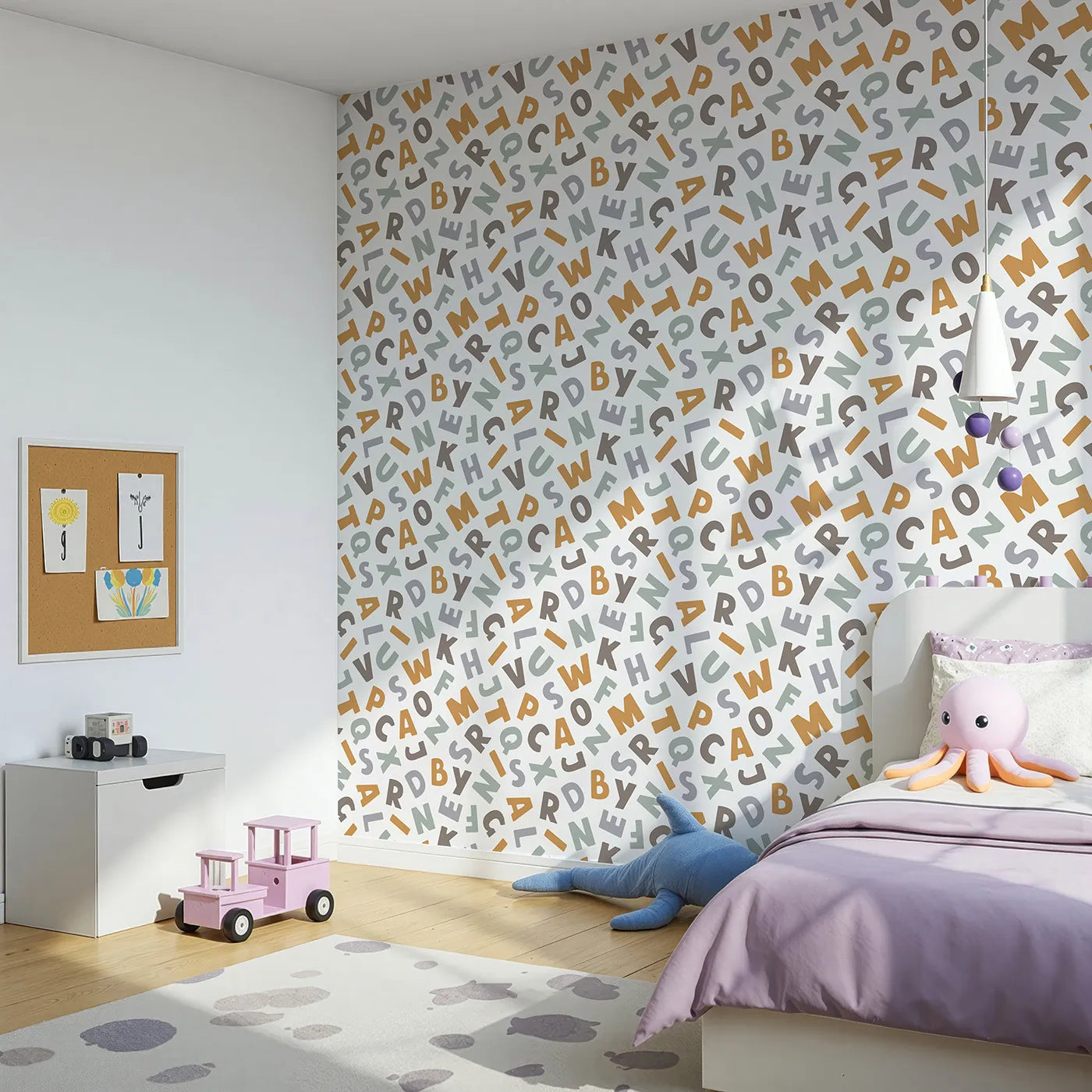 Angled view of Whimsy Tots' Earthy Alphabet Scatter Wallpaper (W2135).Where letters in gentle, earthy tones invite discovery.