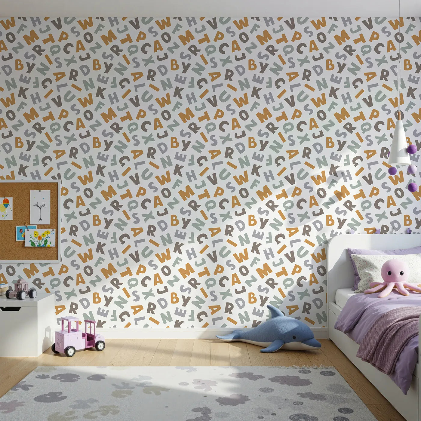 Front view of Whimsy Tots' Earthy Alphabet Scatter Wallpaper