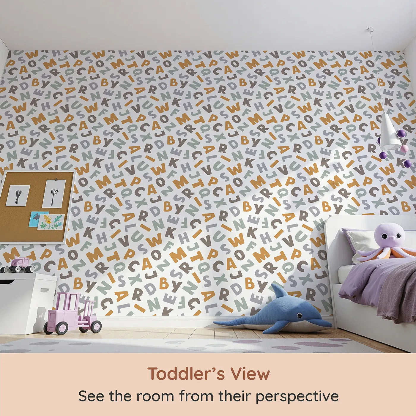 Whimsy Tots Earthy Alphabet Scatter Wallpaper (W2135) from your child's view.Where letters in gentle, earthy tones invite discovery.