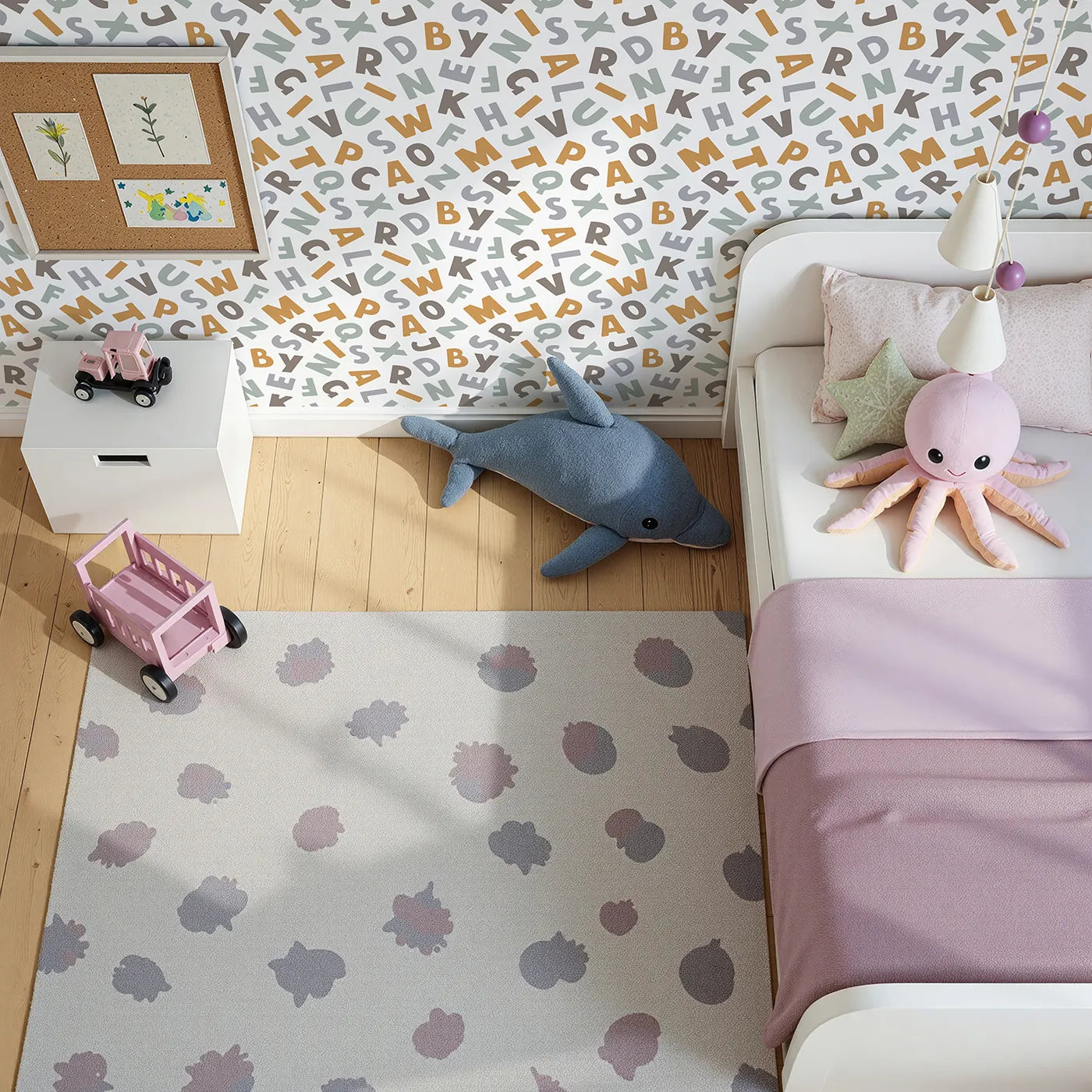 Top-Down view of Whimsy Tots' Earthy Alphabet Scatter Wallpaper (W2135).Where letters in gentle, earthy tones invite discovery.