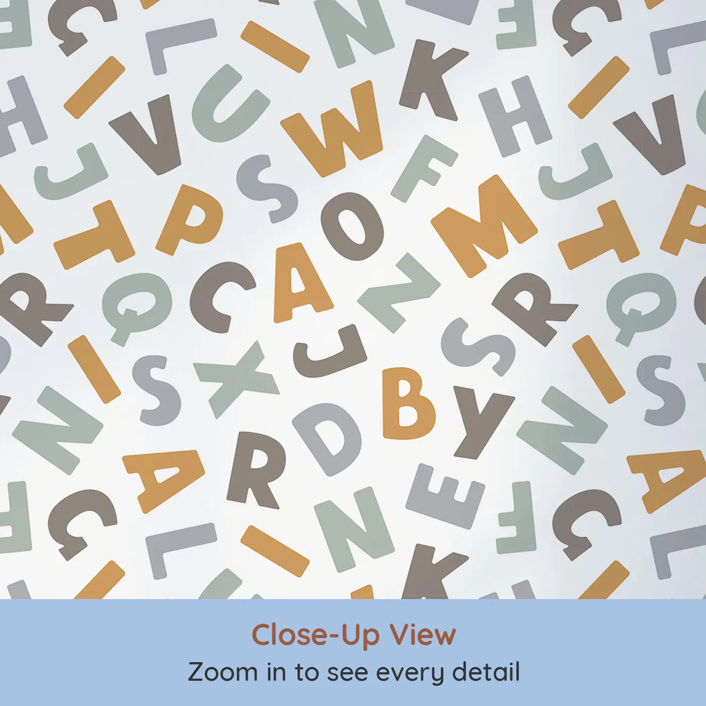 Close-up view of Whimsy Tots' Earthy Alphabet Scatter Wallpaper (W2135).Where letters in gentle, earthy tones invite discovery.