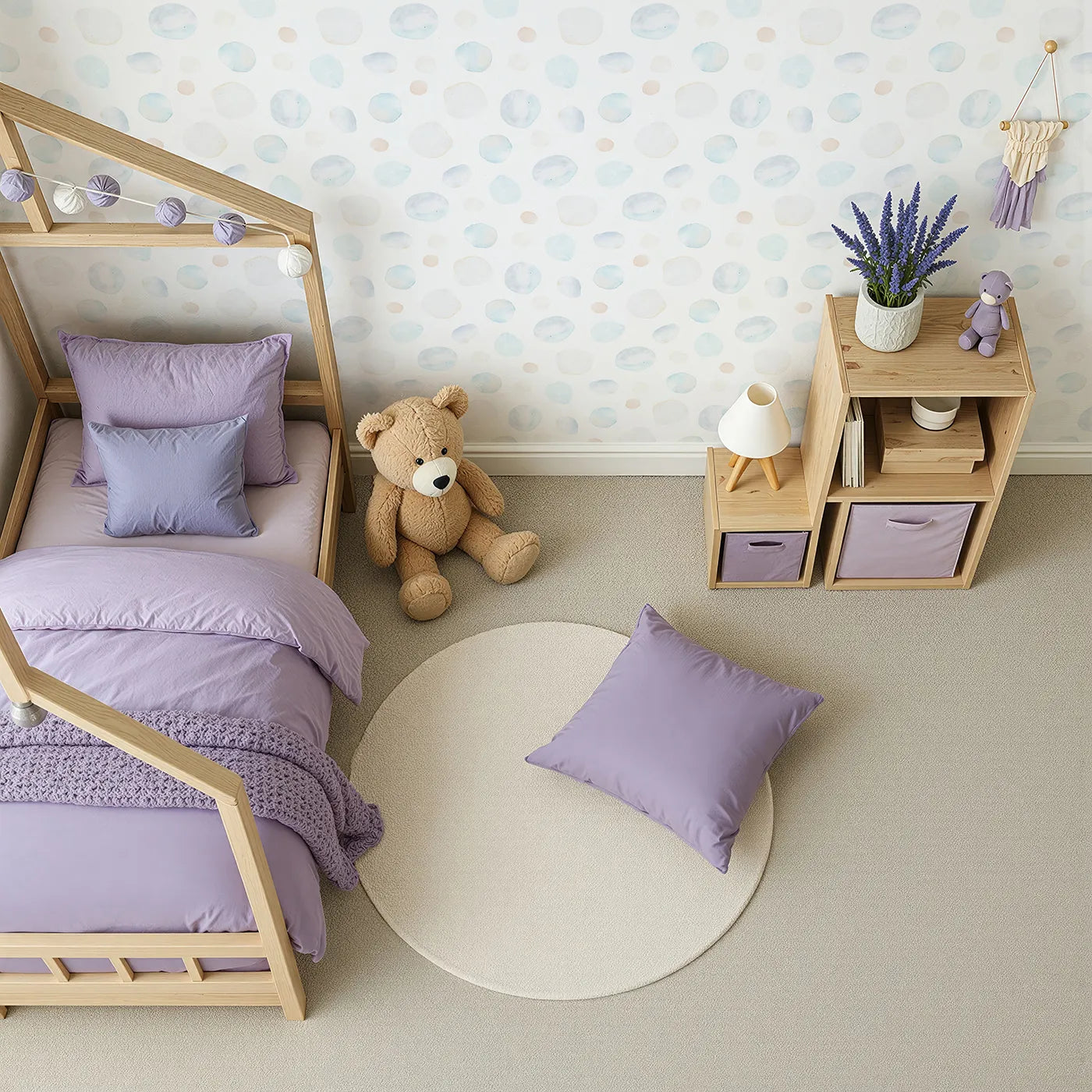 Top-Down view of Whimsy Tots' Pastel Watercolor Bubbles Wallpaper (W2138).Where soft, airy bubbles drift in a peaceful space.