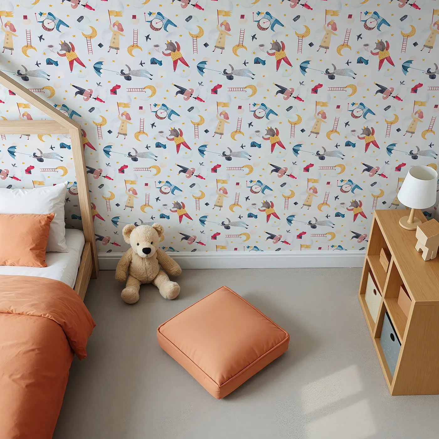 Top-Down view of Whimsy Tots' Dreamy Circus in the Clouds Wallpaper (W2139).Where whimsical acrobats and musicians perform in a cloudy sky.