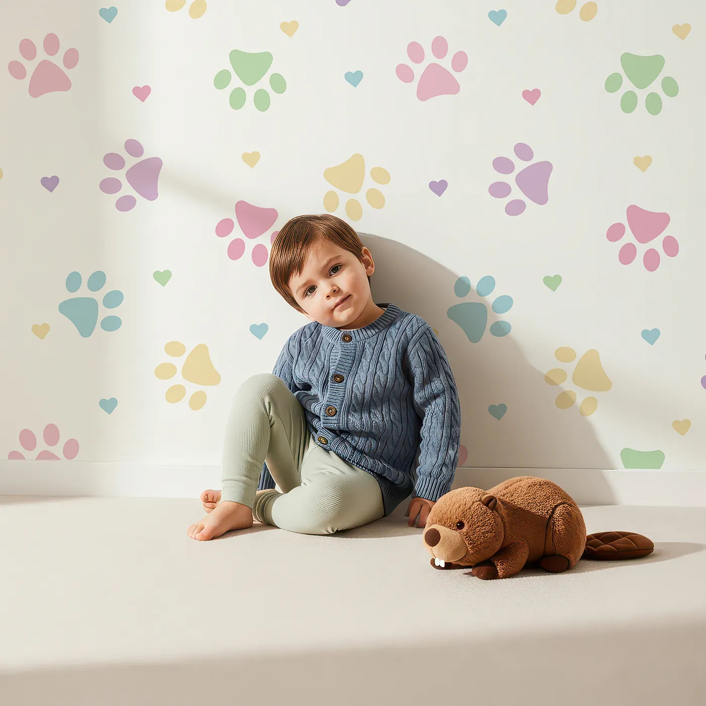 Lovely child standing in front of Whimsy Tots Pastel Paw Prints and Hearts Wallpaper with paw print, heart, pastel, cute, animal in design.