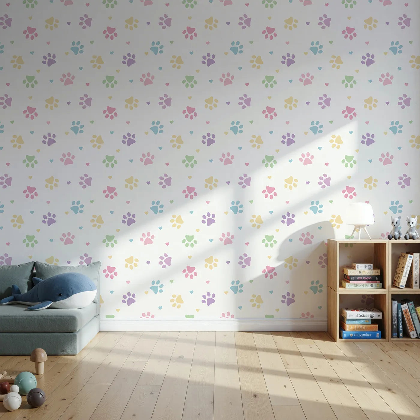 Front view of Whimsy Tots' Pastel Paw Prints and Hearts Wallpaper
