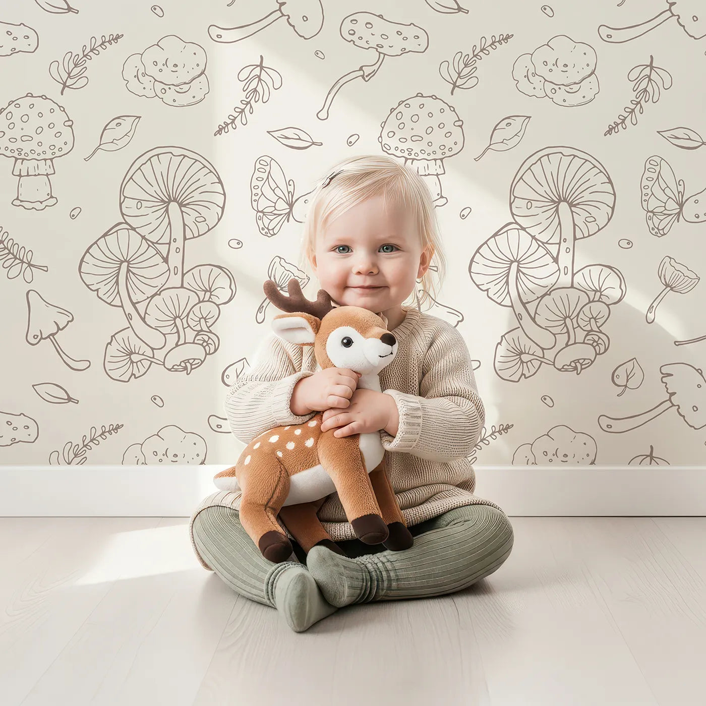 Lovely child standing in front of Whimsy Tots Mushroom and Butterfly Doodle Wallpaper with mushroom, butterfly, doodle, sketch, botanical in design.
