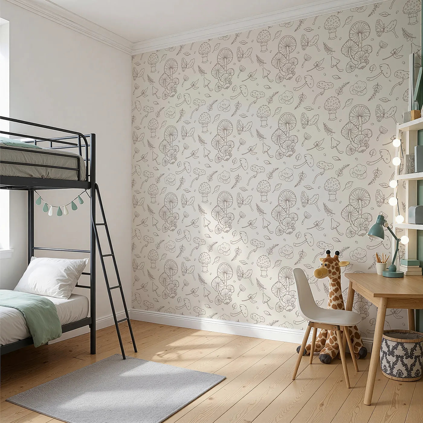 Angled view of Whimsy Tots' Mushroom and Butterfly Doodle Wallpaper (W2142).Where magical mushrooms and delicate butterflies are waiting to be discovered.