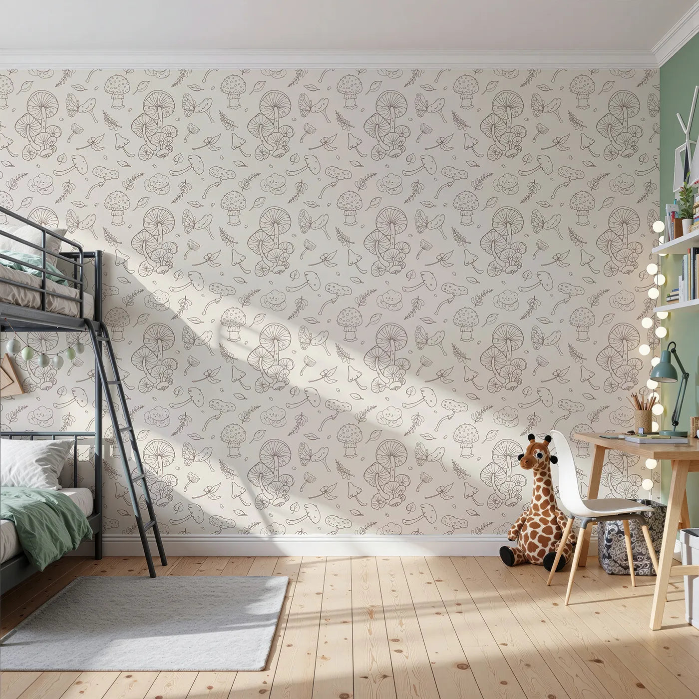 Front view of Whimsy Tots' Mushroom and Butterfly Doodle Wallpaper