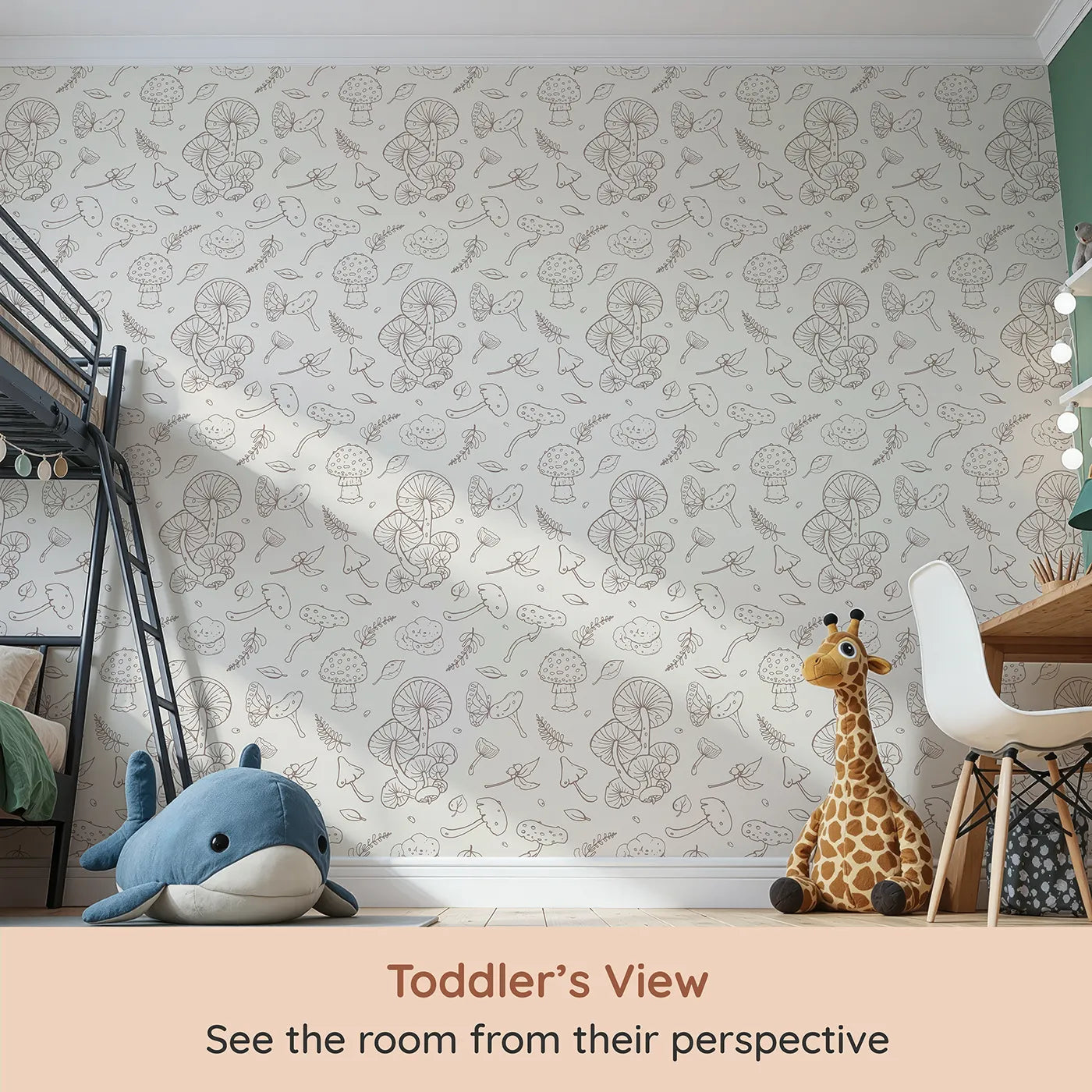 Whimsy Tots Mushroom and Butterfly Doodle Wallpaper (W2142) from your child's view.Where magical mushrooms and delicate butterflies are waiting to be discovered.