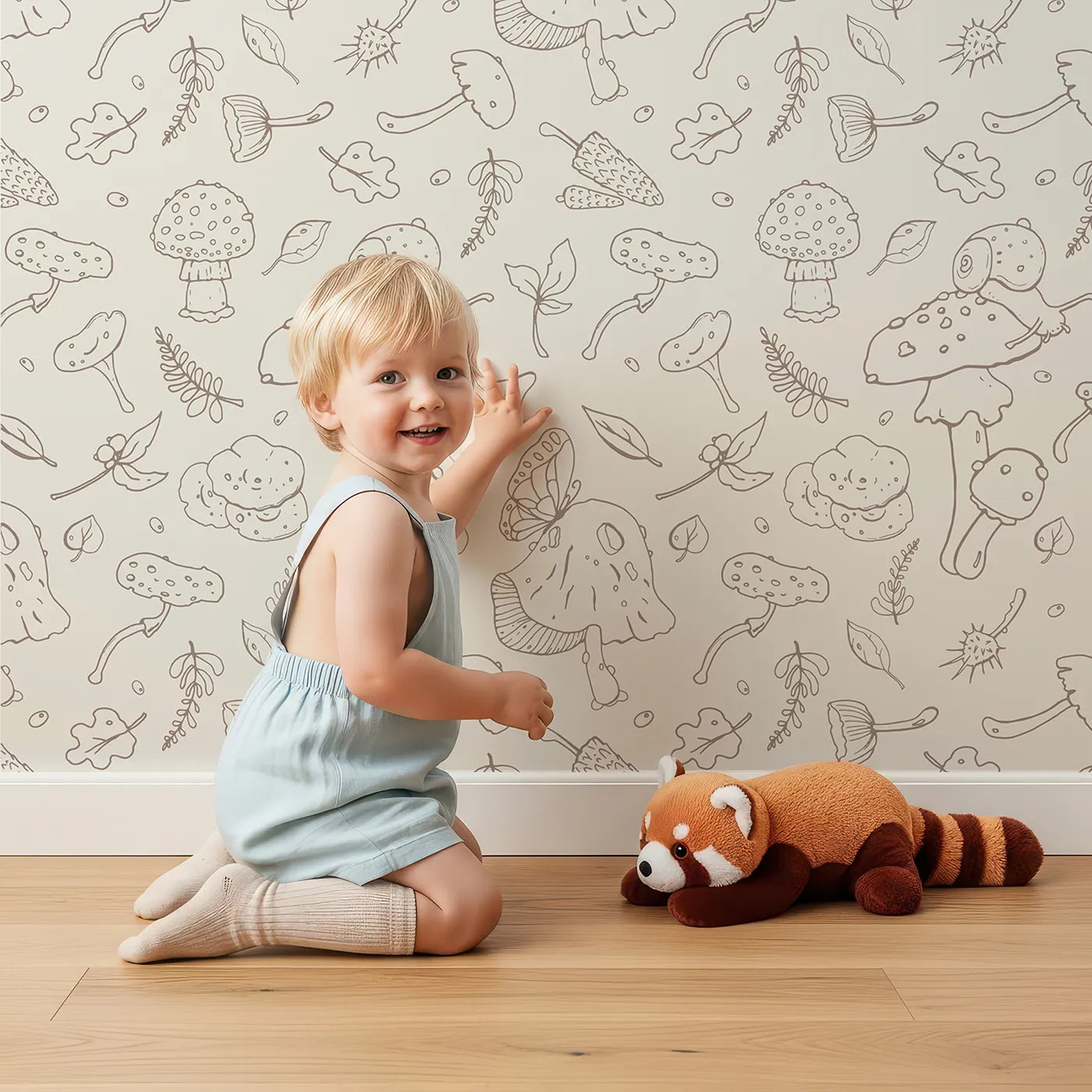 Lovely child standing in front of Whimsy Tots Enchanted Mushroom Forest Doodle Wallpaper with mushroom, snail, butterfly, doodle, sketch in design.