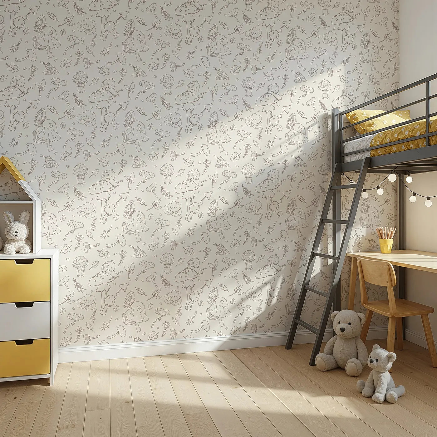 Angled view of Whimsy Tots' Enchanted Mushroom Forest Doodle Wallpaper (W2143).Where snails and butterflies live on magical mushrooms.