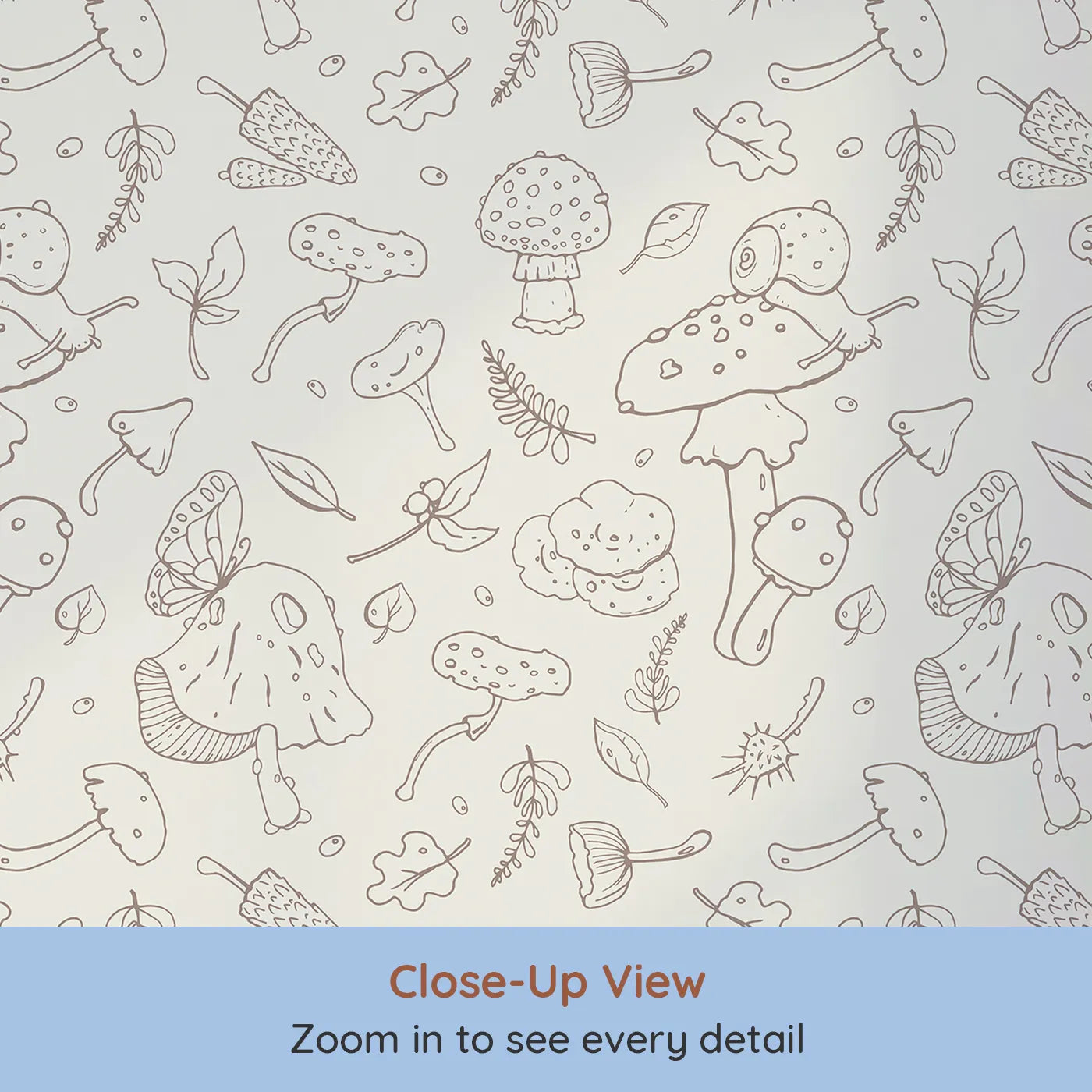 Close-up view of Whimsy Tots' Enchanted Mushroom Forest Doodle Wallpaper (W2143).Where snails and butterflies live on magical mushrooms.