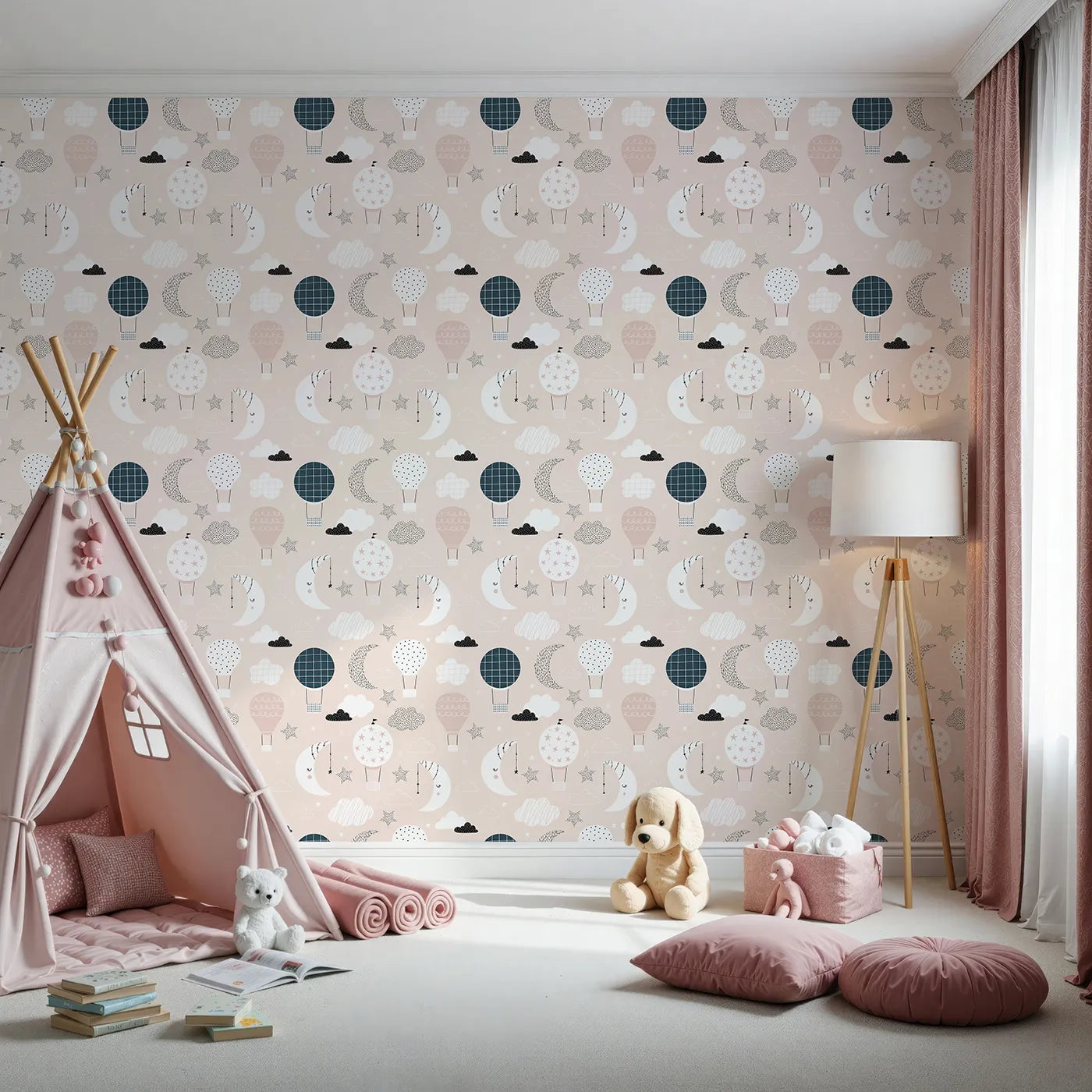 Front view of Whimsy Tots' Boho Night Sky Wallpaper in Pink