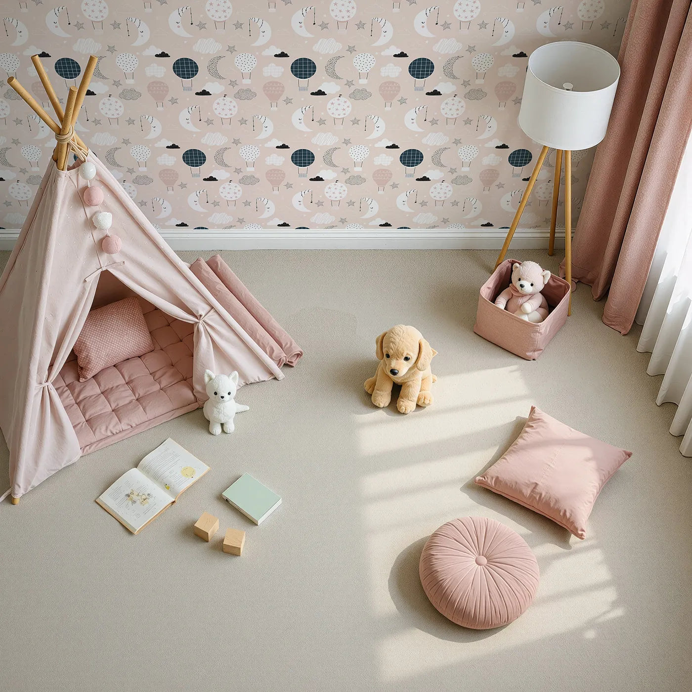 Top-Down view of Whimsy Tots' Boho Night Sky Wallpaper in Pink (W2145).Where sleepy moons and gentle balloons float in a pink sky.