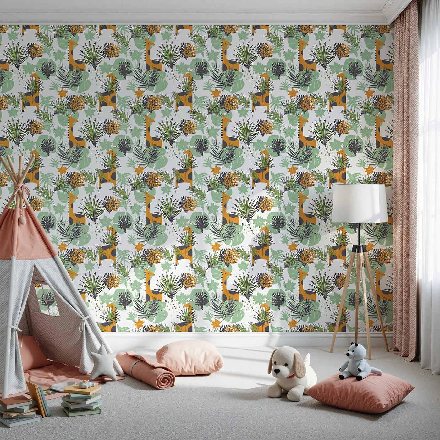 Front view of Whimsy Tots' Modern Giraffe Jungle Wallpaper