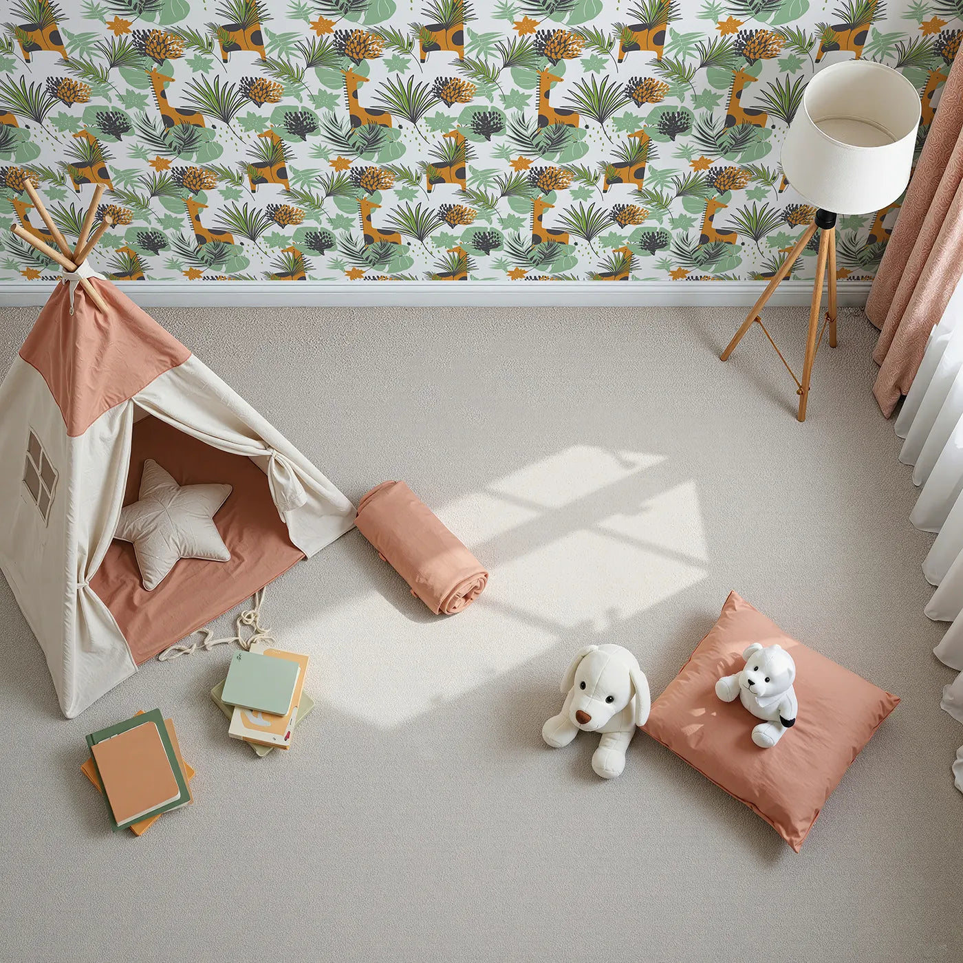 Top-Down view of Whimsy Tots' Modern Giraffe Jungle Wallpaper (W2146).Where cool giraffes wander through a jungle of graphic leaves.