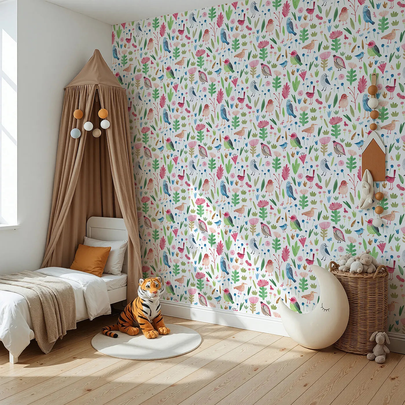 Angled view of Whimsy Tots' Watercolor Bird and Bloom Wallpaper (W2148).Where cheerful birds and bold flowers create a symphony of color.