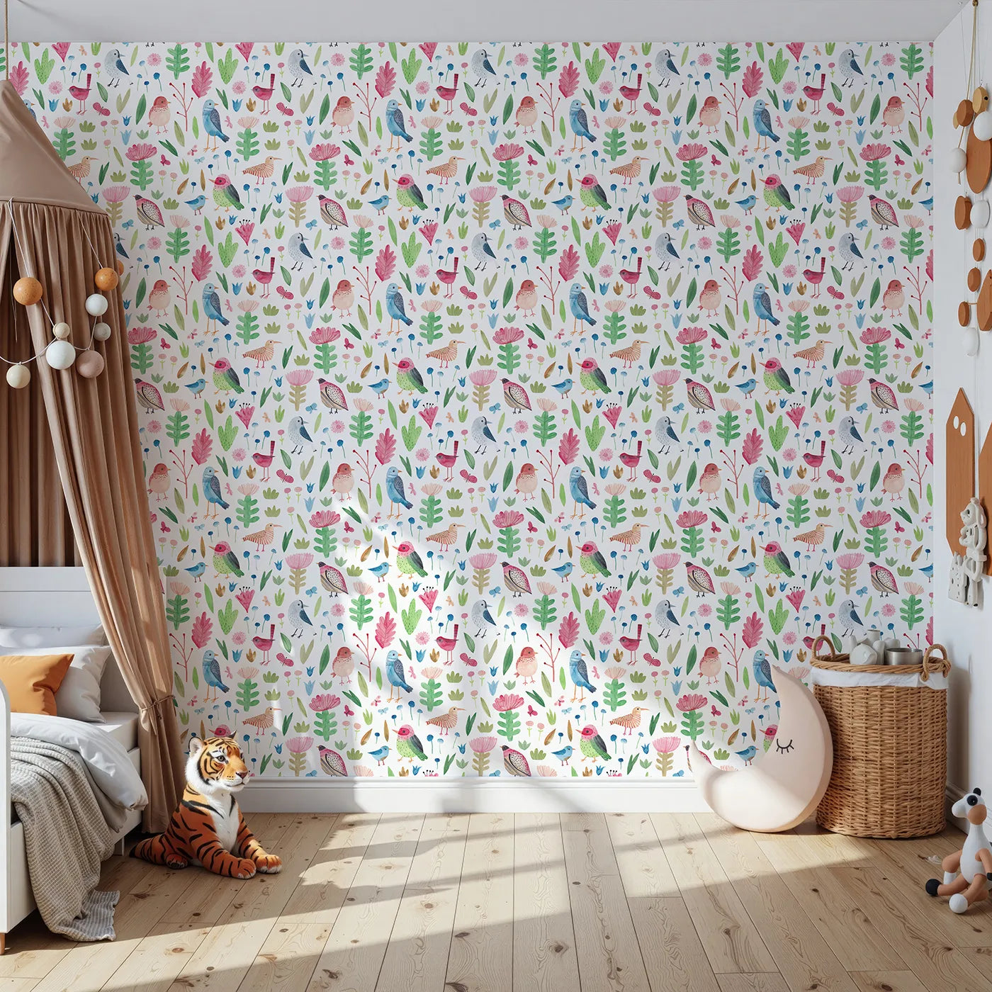 Front view of Whimsy Tots' Watercolor Bird and Bloom Wallpaper