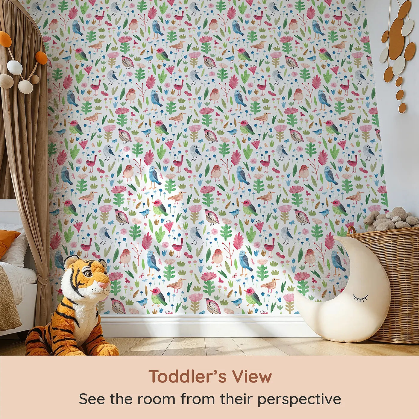 Whimsy Tots Watercolor Bird and Bloom Wallpaper (W2148) from your child's view.Where cheerful birds and bold flowers create a symphony of color.