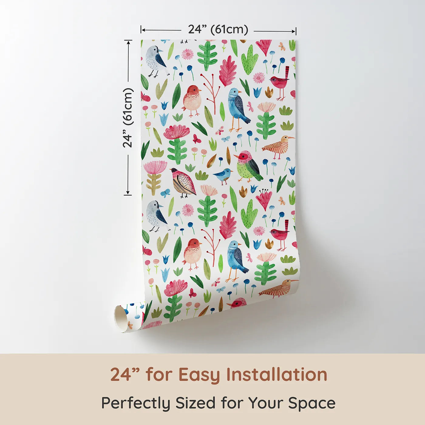 Dimension view of Whimsy Tots Watercolor Bird and Bloom Wallpaper (W2148). Printed in 24-inch-wide panel for easy installation. Where cheerful birds and bold flowers create a symphony of color.