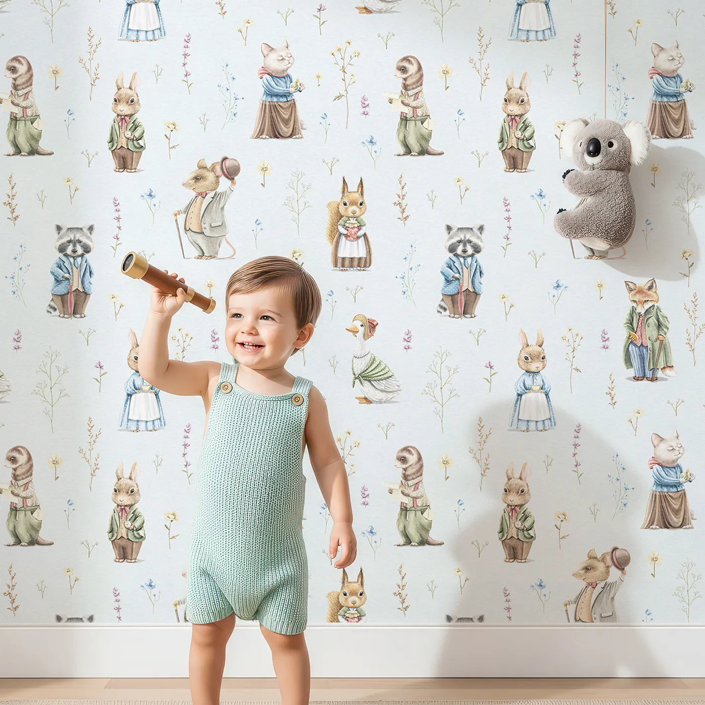 Lovely child standing in front of Whimsy Tots Classic Woodland Storybook Wallpaper with vintage, storybook, animal, woodland, rabbit in design.